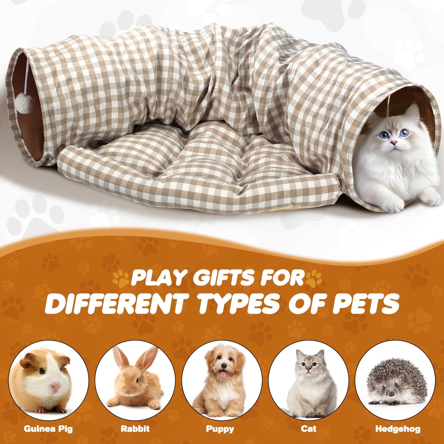Bunny Tunnel Bed, 2-in-1 Collapsible Tunnel Tubes Toys with Removable Mat Hideout for Cats Kittens Rabbits Guinea Pigs Kitty