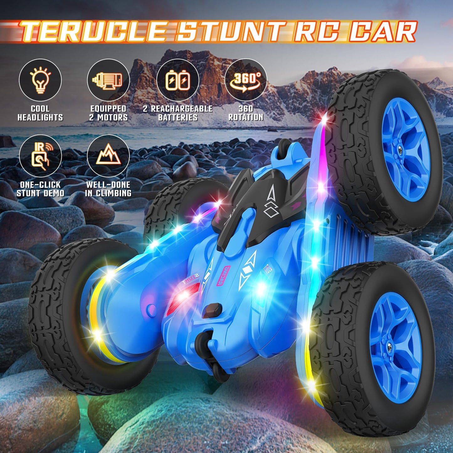 Terucle Remote Control Car, Rc Cars Stunt Car Toys New Upgraded Strip Lights and Headlights Car Toys Double-Sided 360° Rotating 4WD Rc Drift Truck for Boys Girls Birthday Gift (Blue)