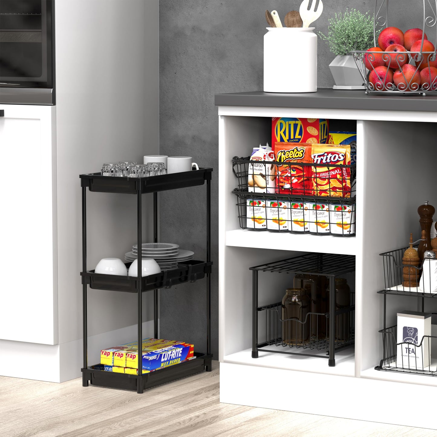 Simple Houseware 3-Tier Slim Storage Cart - Narrow Rolling Utility Cart on Wheels for Tight Spaces - Bathroom, Kitchen & Laundry Organizer, Black