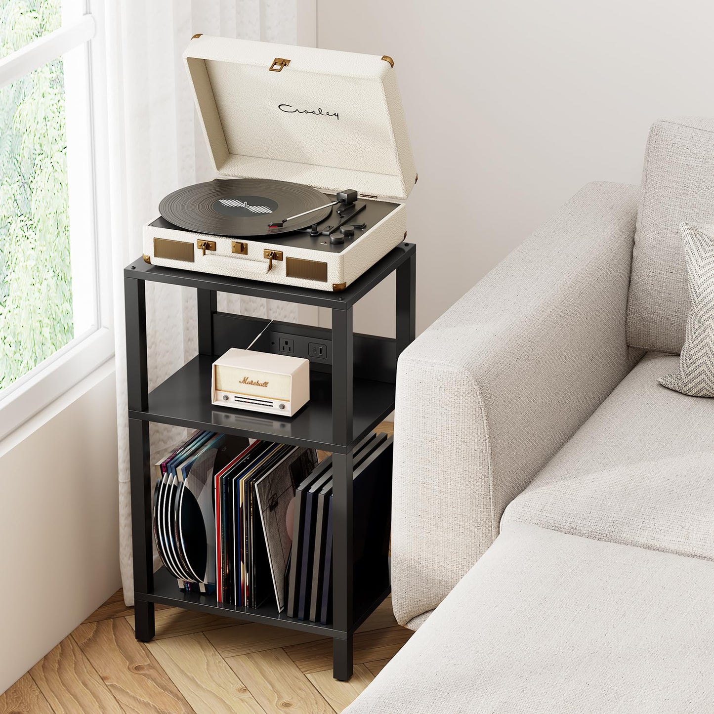 TUTOTAK Record Player Stand with Storage Up to 100 Albums,Record Storage Table,3 Tier End Table with Charging Station,Side Table for Living Room, Bedroom, Black TB01BK076