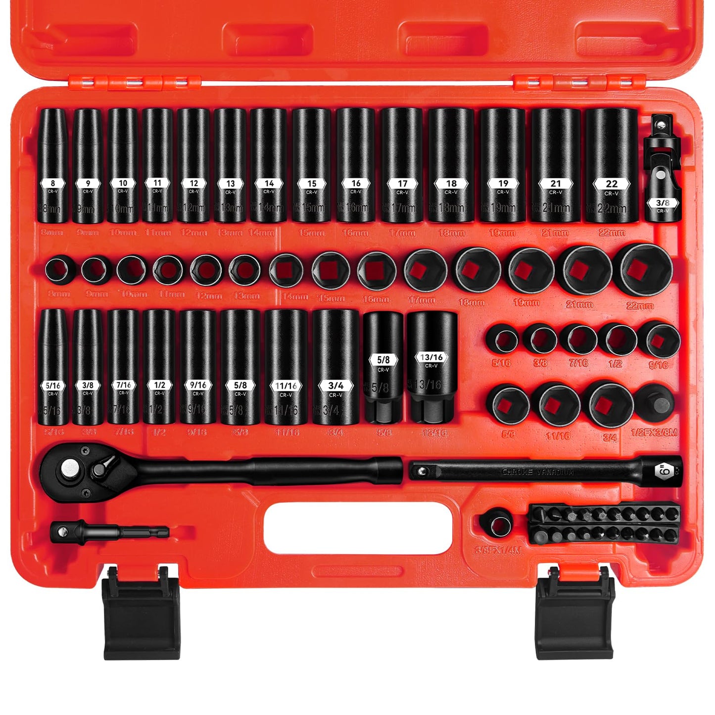 3/8 Inch Drive Impact Socket Set, 72 PCS Standard SAE(5/16"- 3/4") & Metric(8-22mm) with Spark Plug, 6 Point Deep & Shallow, 72T Wrench Ratchet Tool Kit, Cr-V with Heavy Duty Storage Case