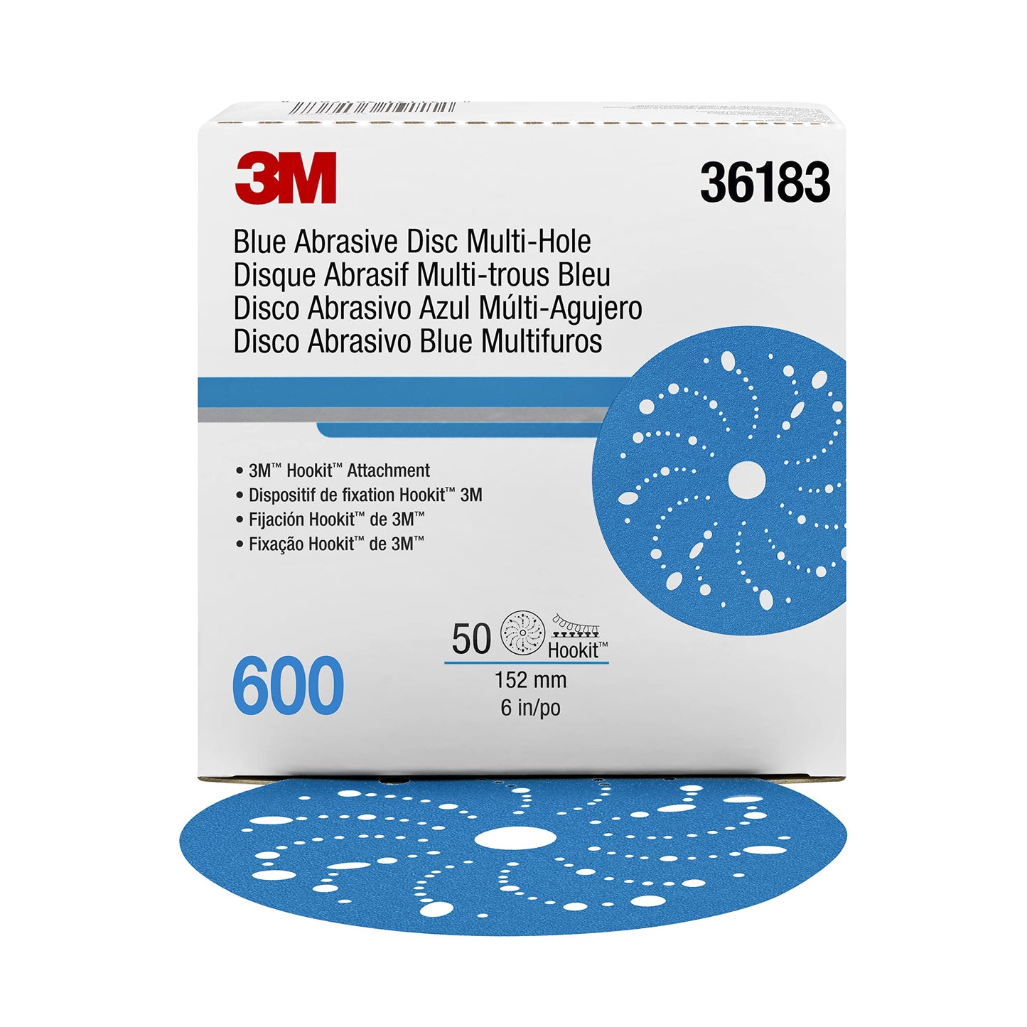 3M Hookit Blue Abrasive Discs 36183, Multi-Hole, Blend Preparation, Paint Preparation, 6 in, 600 Grade, 50 Discs/Carton