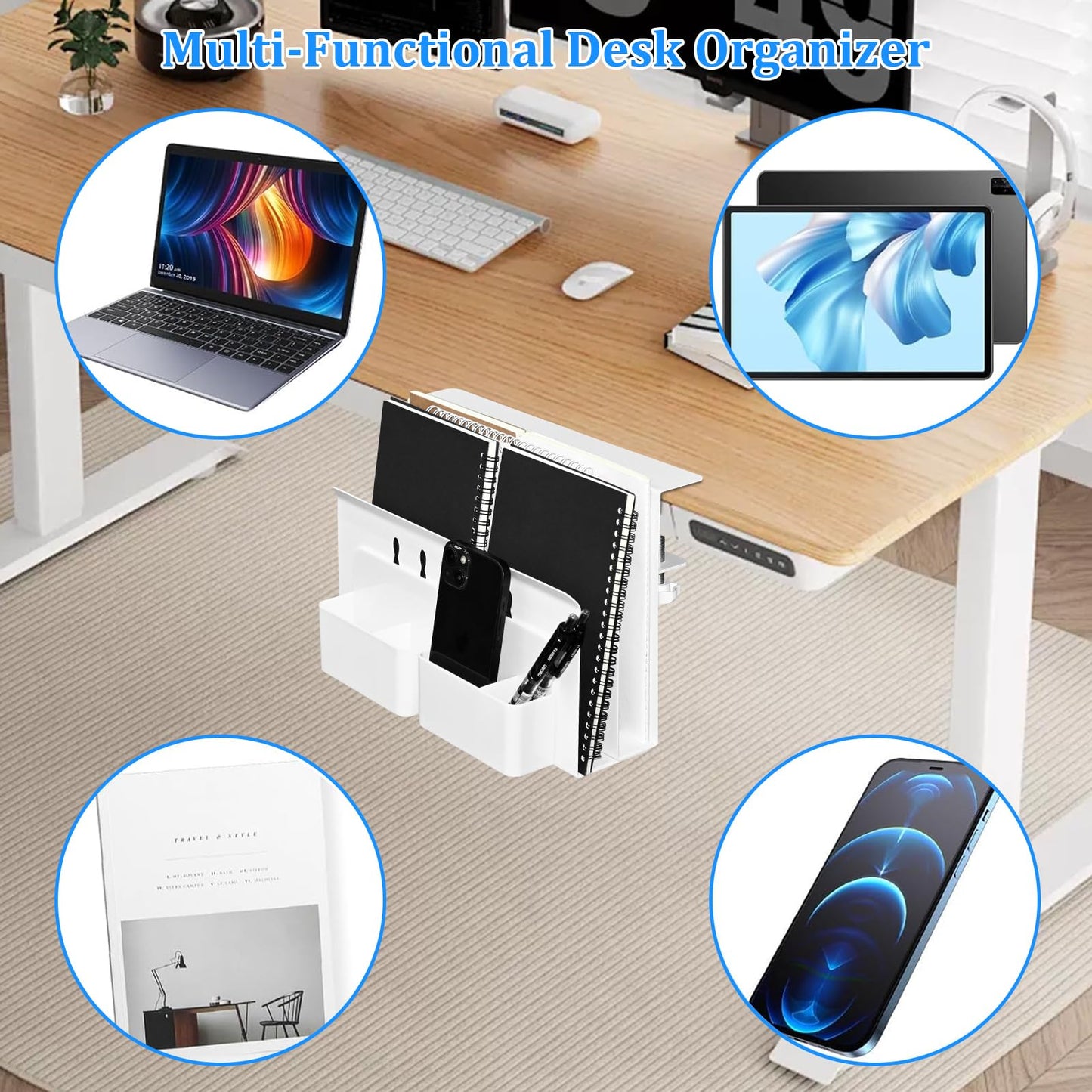 Desk Side Storage, Under Desk Laptop Mount, 2-Tier Table Side Hanging File Organizer, No Drill Clamp On Cable Management Tray, Laptop Holder with Magnetic Pen Holder for Office and Home, Load 22 Lbs