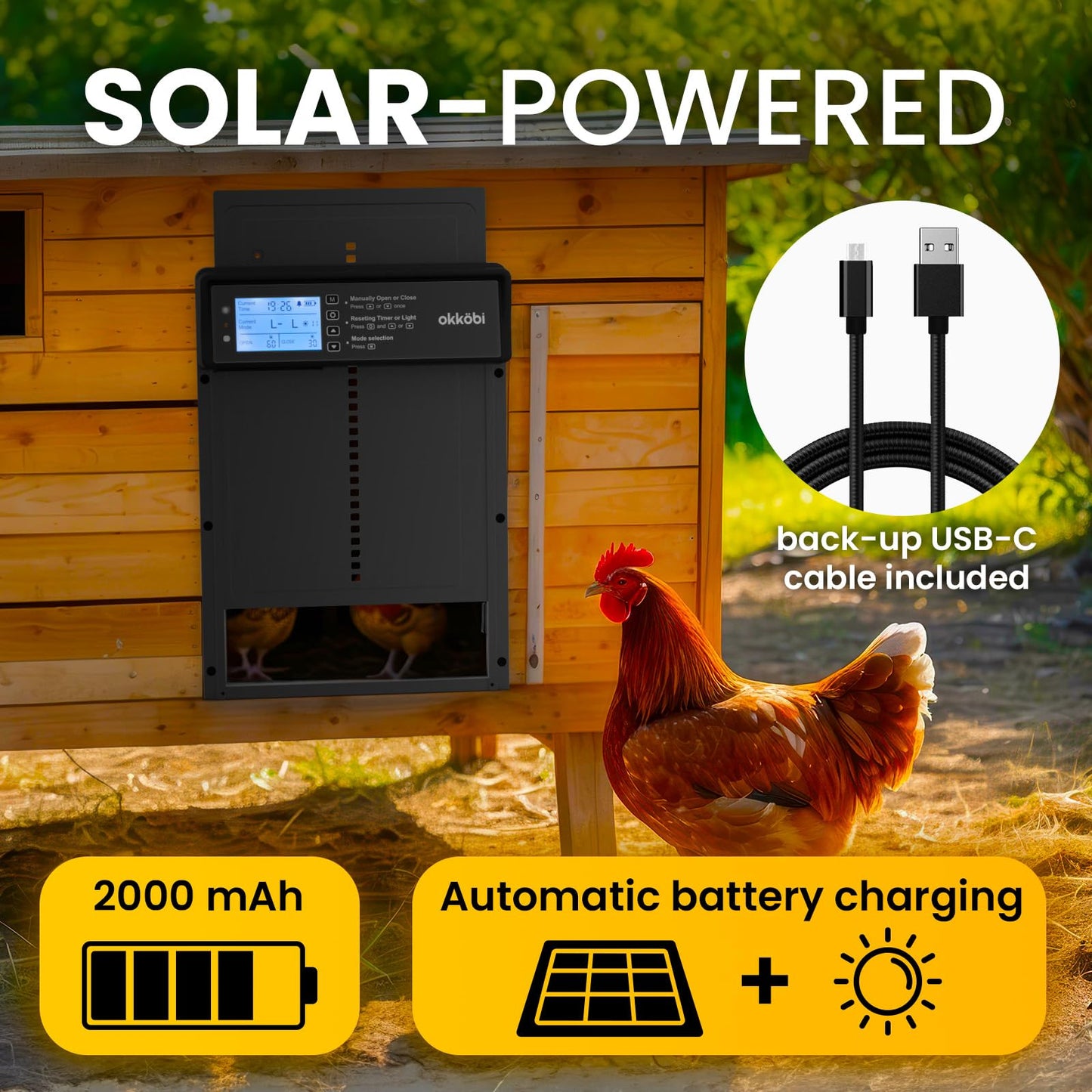 Okkobi Automatic Chicken Coop Door Solar Powered - LCD Display - Chicken Coop Door with Remote Control, Light Sensor & Timer - Security & Peace of Mind: Anti-Pinch function - 5-Year Protection - Black