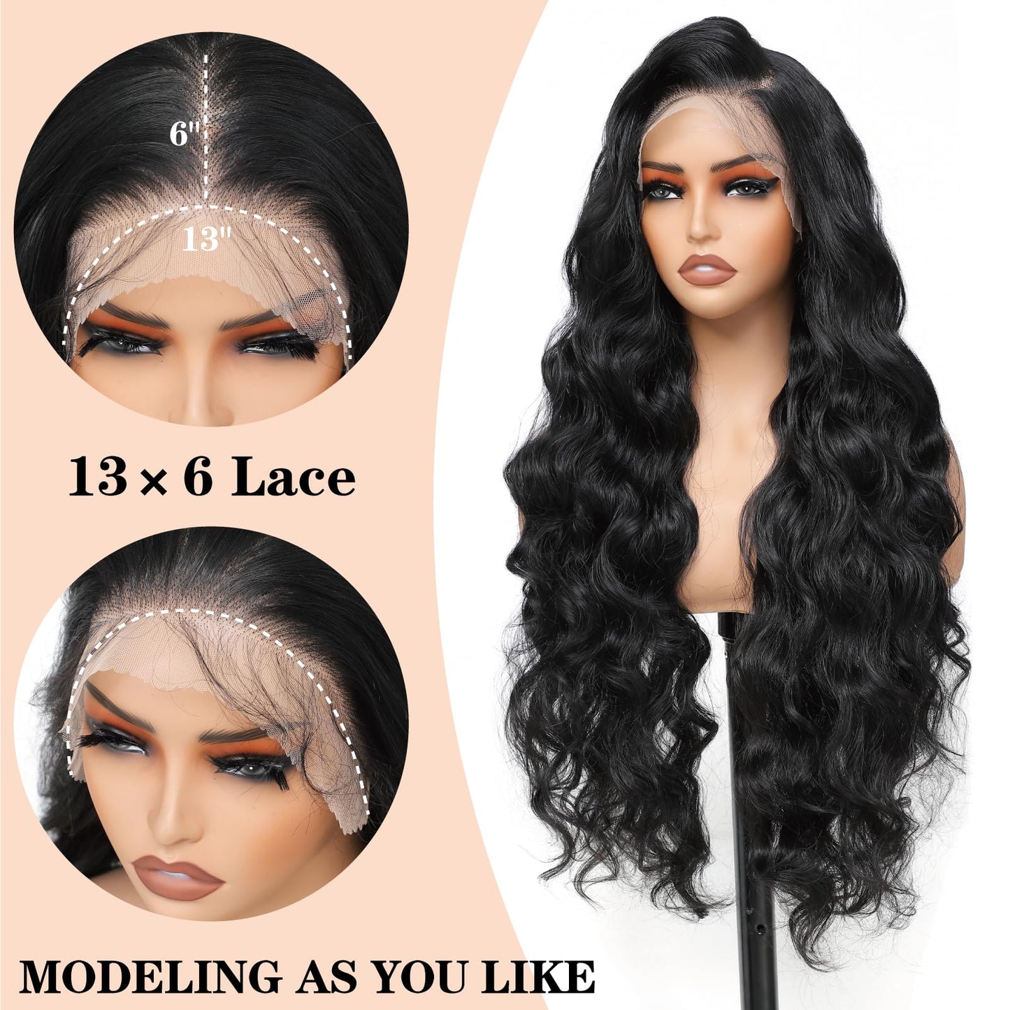 Yacurcur 13x6 Lace Frontal Wig Long Body Wave Wigs Pre-Plucked Hairline with Baby Hair Transparent Swiss Lace Heat Resistant Synthetic Hair Glueless Lace Front Wavy Wigs for Women 32 Inch (#Black)