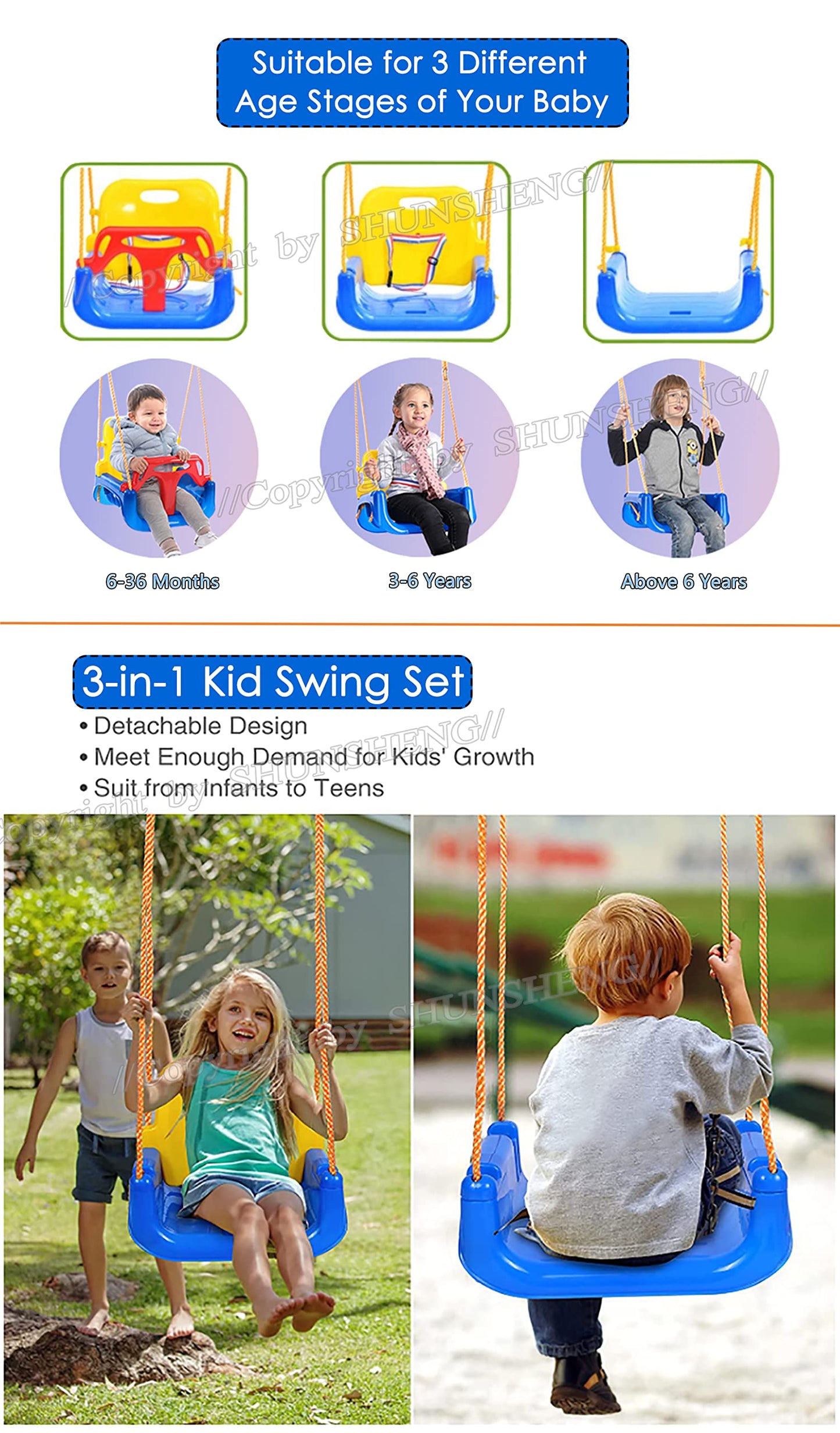 3-in-1 Swing Set for Kids,Hanging Swing Anti-Flip Snug & Secure Detachable Children to Teens Swing Easy Assembly & Store for Outdoor Playground(Blue)