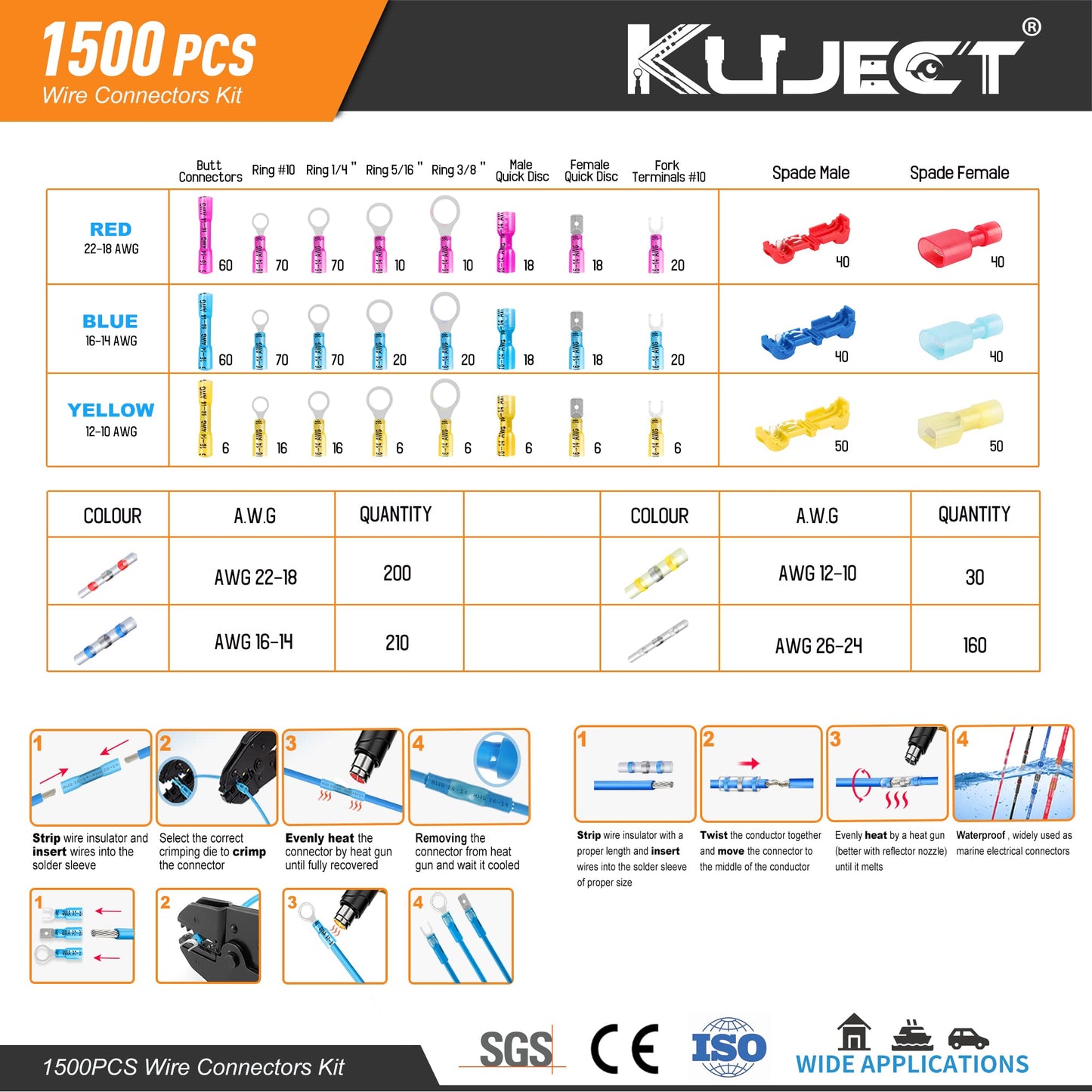 Kuject Ultimate Heat Shrink Wire Connectors, 1500PCS Waterproof Electrical Spade Connectors kit, Insulated Crimp Ring Fork Spade Terminal T-Tap Solder Butt Splice Connectors for Marine Boat Truck