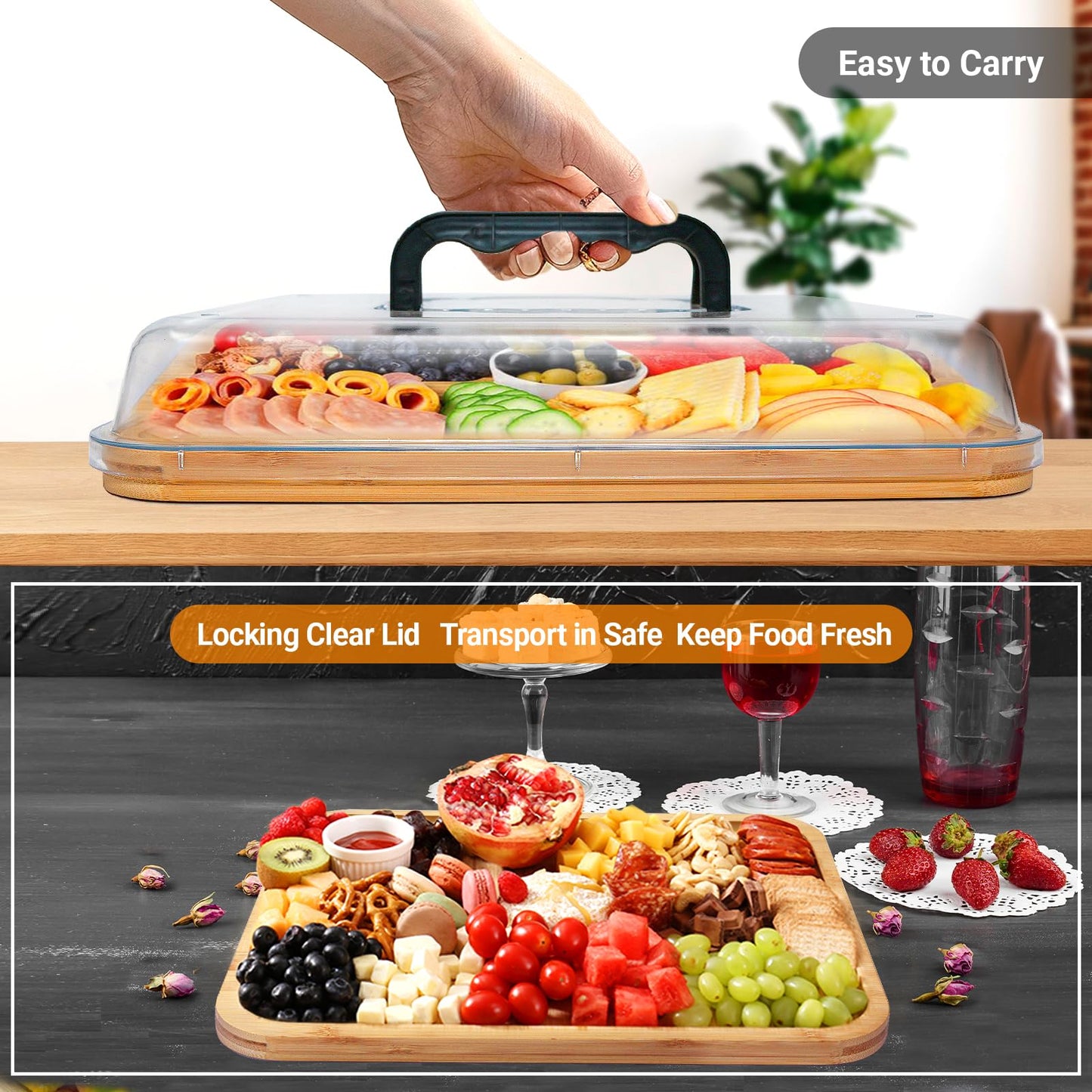 Bamboo Charcuterie Board with Lid & Carry Handle, Cheese Board with Buckle Locking, Engagement Gifts for Couples, Gifts Ideals for Wedding, Housewarming, White Elephant, Bridal Showers, Christmas