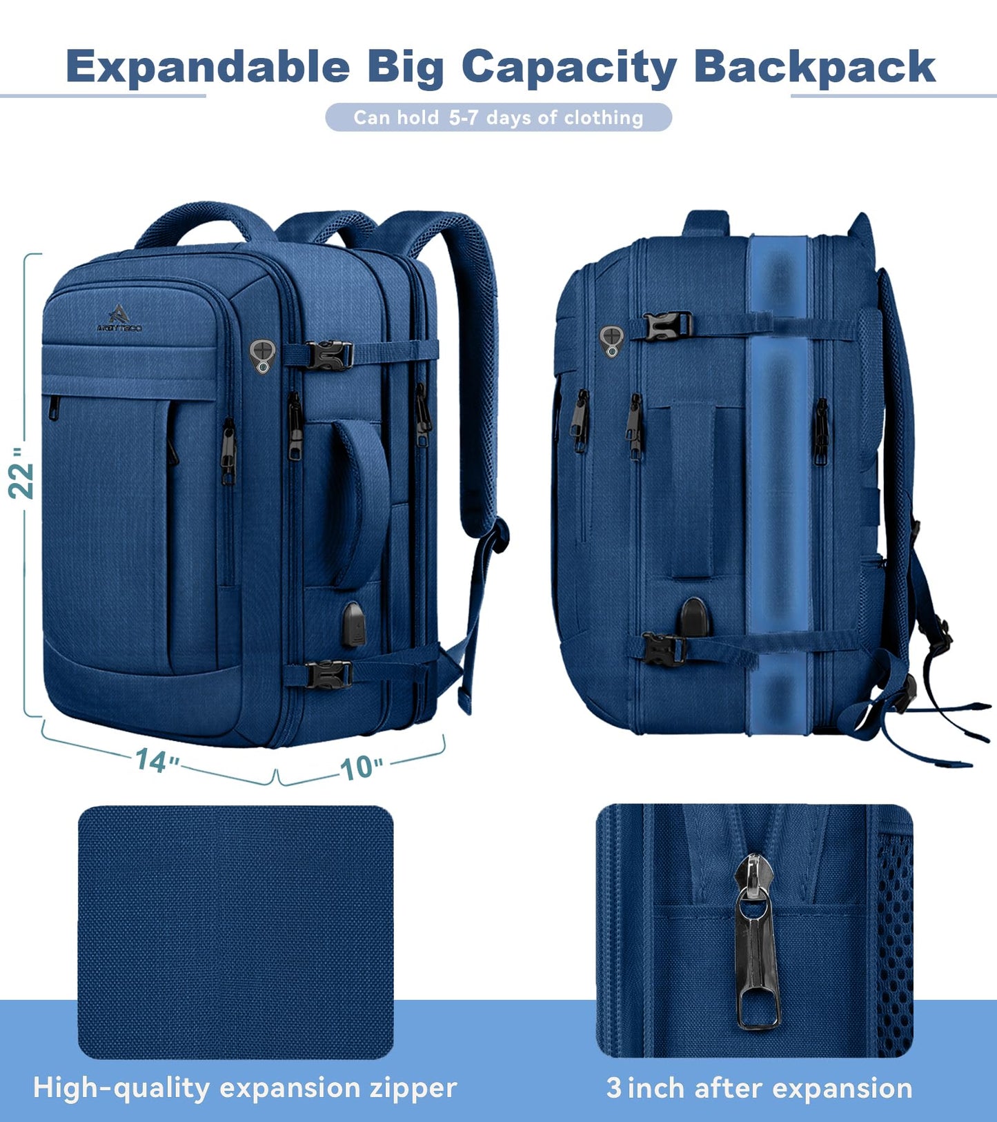 55L Big Capacity Carry On Laptop Backpack Large Travel Backpack for Men, Expandable Water Resistant Overnight Weekender Luggage Gym Daypack Rucksack Traveling Backpack, Traveler Gifts, Blue