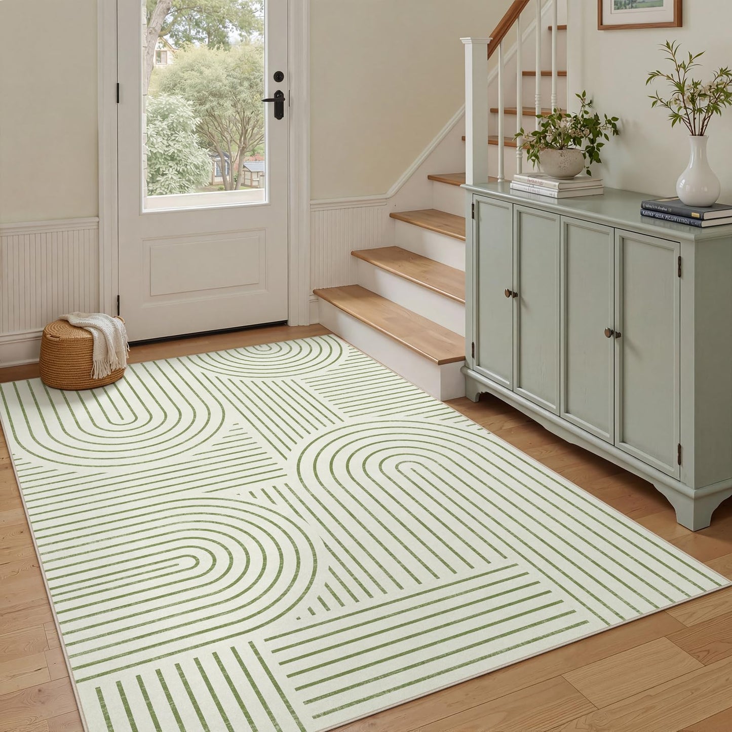 Dadasgk Washable Area Rug 5x7 - Boho Living Room Rug Soft Indoor Carpet Ultra-Thin Sage Green Modern Abstract Rainbow Rugs for Bedroom Dining Room Nursery Classroom Home Decor