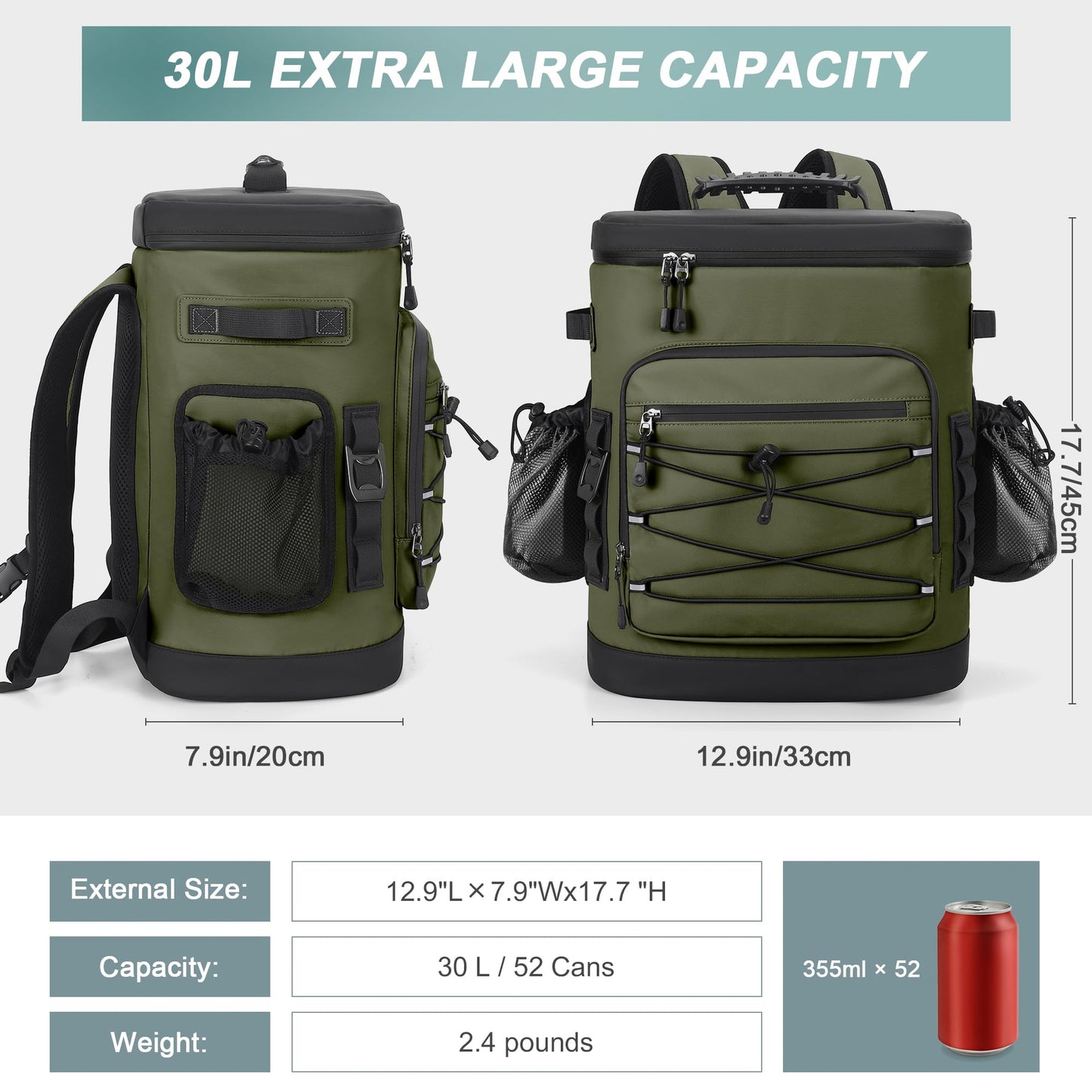 YOUNGOA Large 52cans Cooler Backpack, Insulated, Waterproof, Leak Proof, 30L Large Capacity (Green)