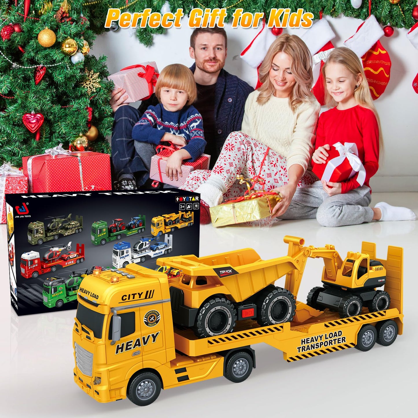 Yiwsnust Large Flatbed Semi Truck Toy for Kids, 25.6'' Construction Carrier Semi Truck with Excavator and Dump Trucks, Friction Powered Construction Transport Truck Kids Toy with Light & Sound