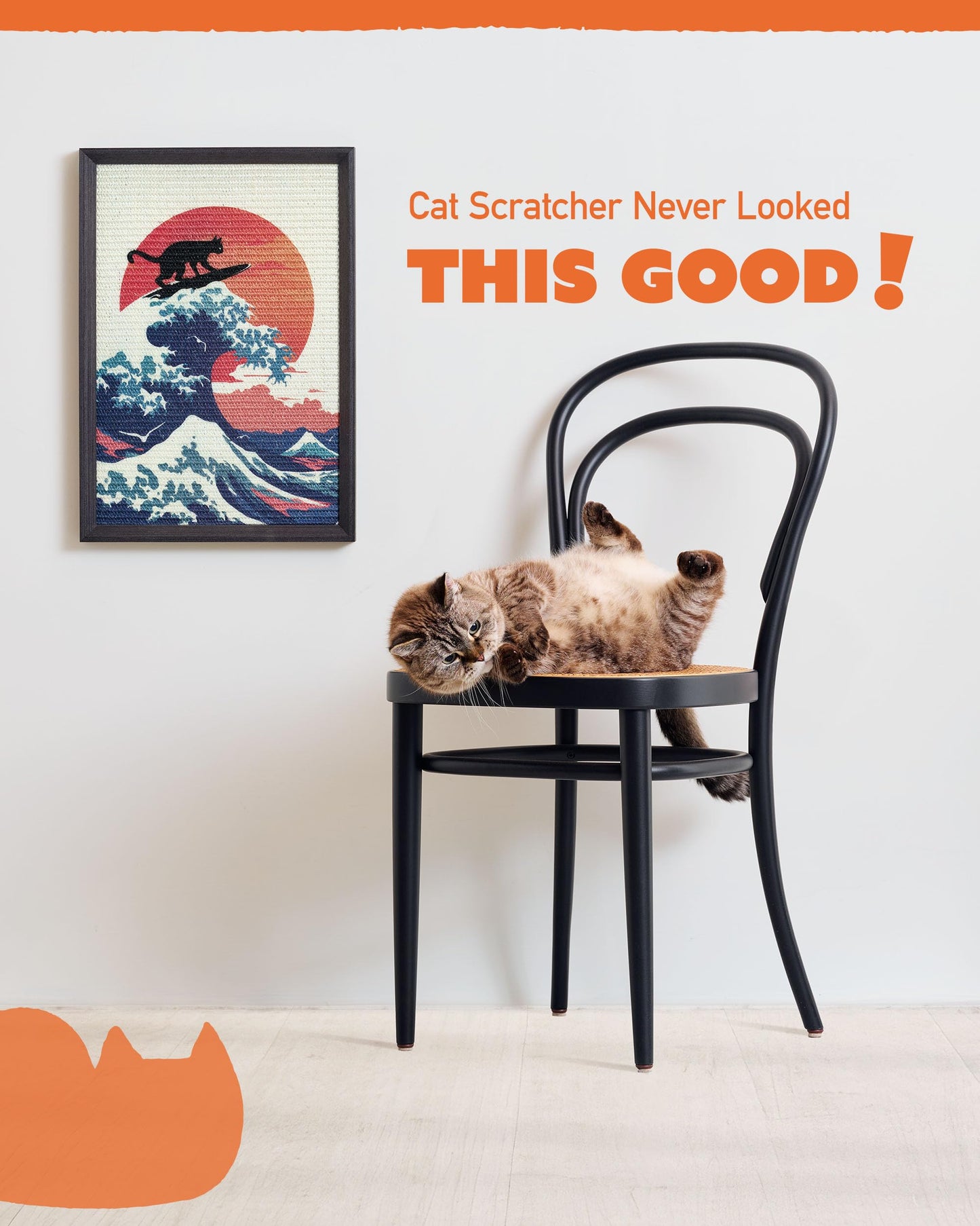 Wall Art Cat Scratcher with Vertical Mounted Design for Indoor Cats, Featuring a Durable 35x50cm Sisal Scratch Pad and Post for Scratching with Cute and Funny Look (Great Cat Wave)