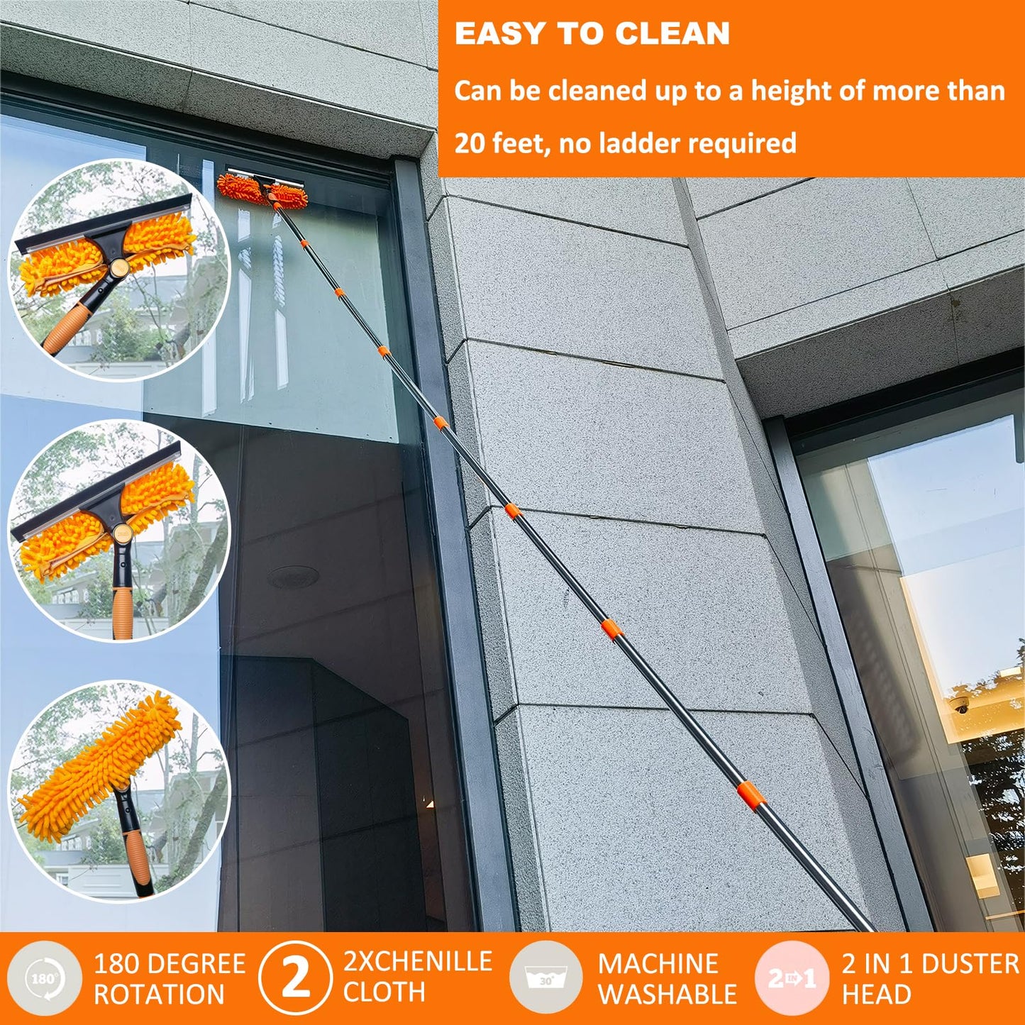 20+ Ft Reach 2 in 1 Window Washing Squeegee with 3-14 ft Spliceable Extension Pole // Window Cleaning Tool & Window Washer Squeegee for Home Indoor Outdoor Window Washing