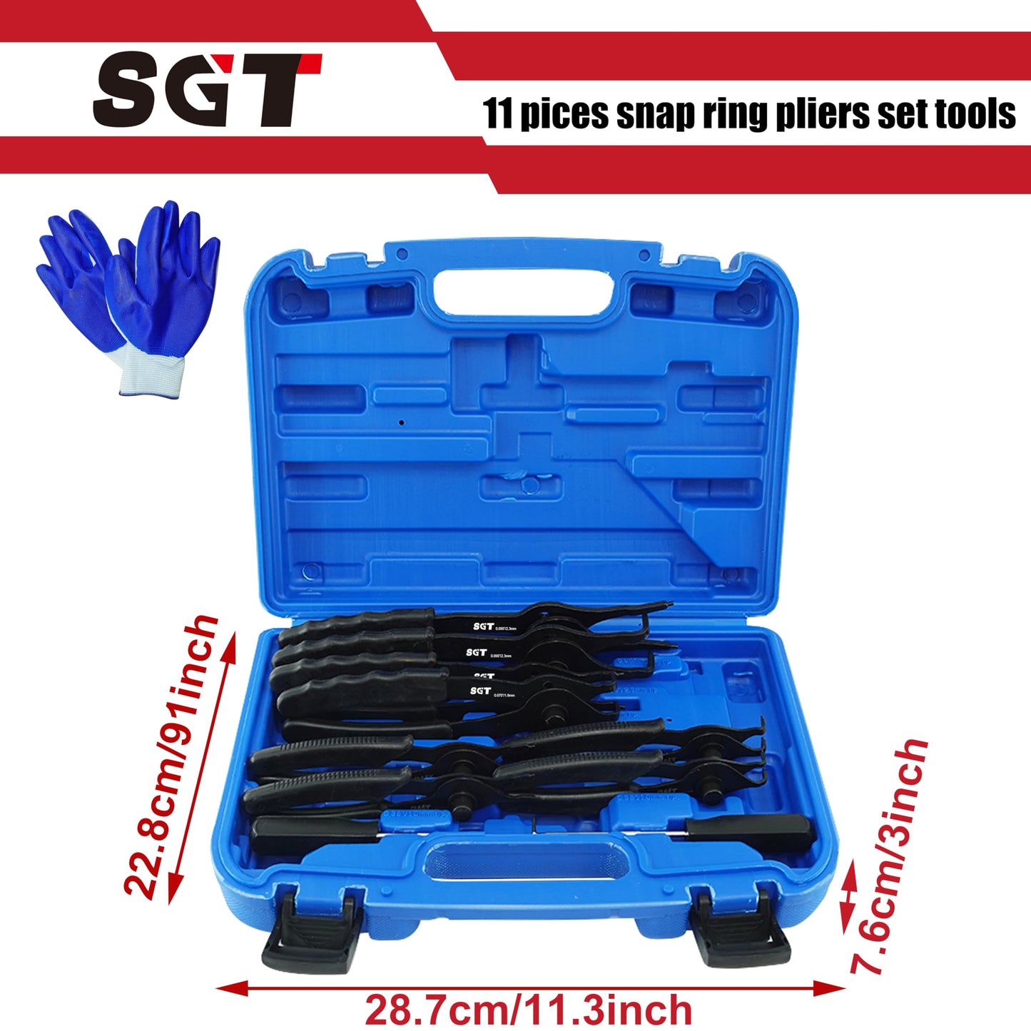 SGT Snap Ring Pliers Set,10 Pcs Internal & External Circlip Pliers with Bent & Straight Pliers,Heavy Duty Removal Tool,Include Hook, Pick,Storage Case and Gloves