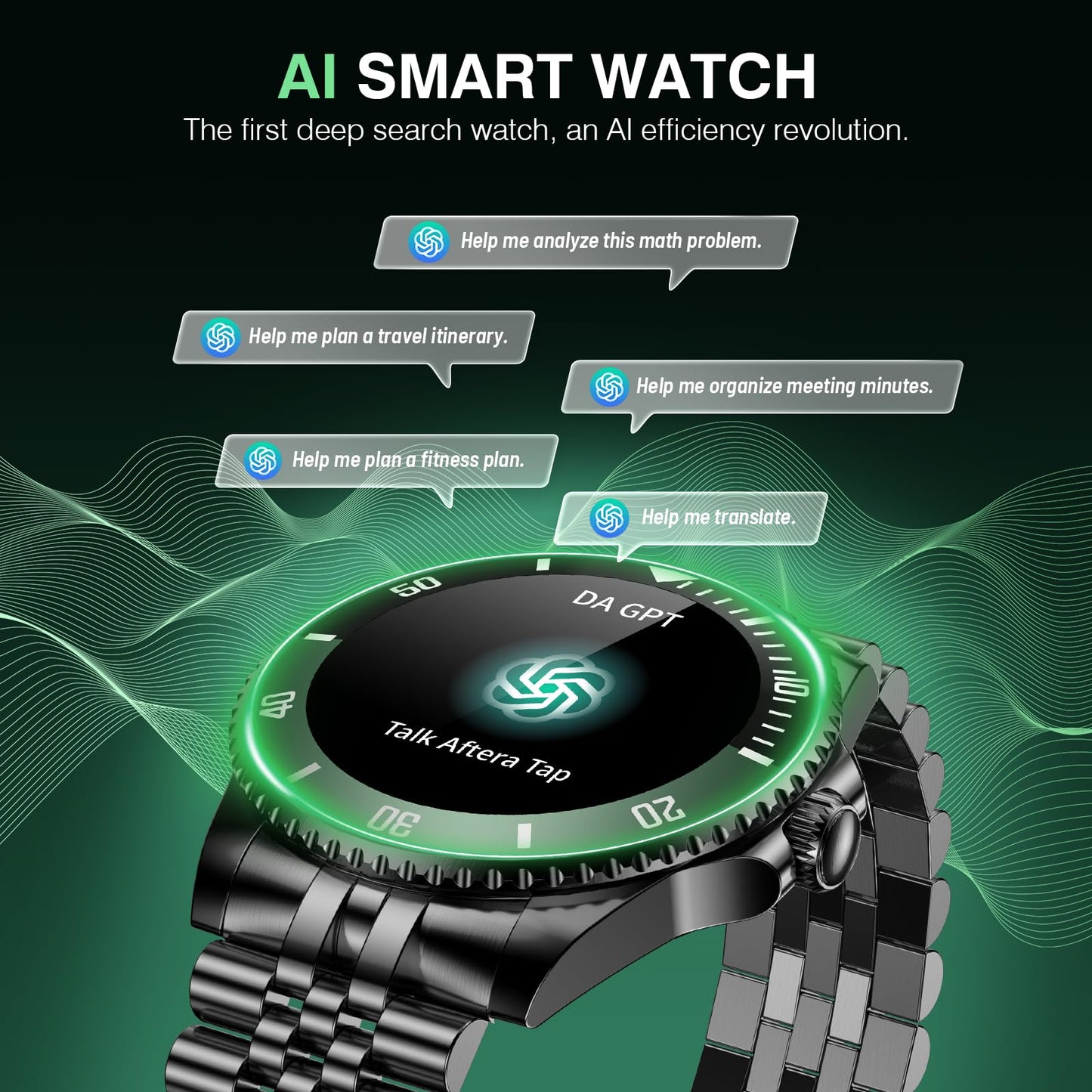 2025 DA GPT Smart Watch with Bluetooth Call, Heart Rate, Stress, Blood Oxygen, Sleep Monitor, 107 Sports Modes, Waterproof Round Watch, 1.19-inch AMOLED Display, Compatible Android and iOS Black Green