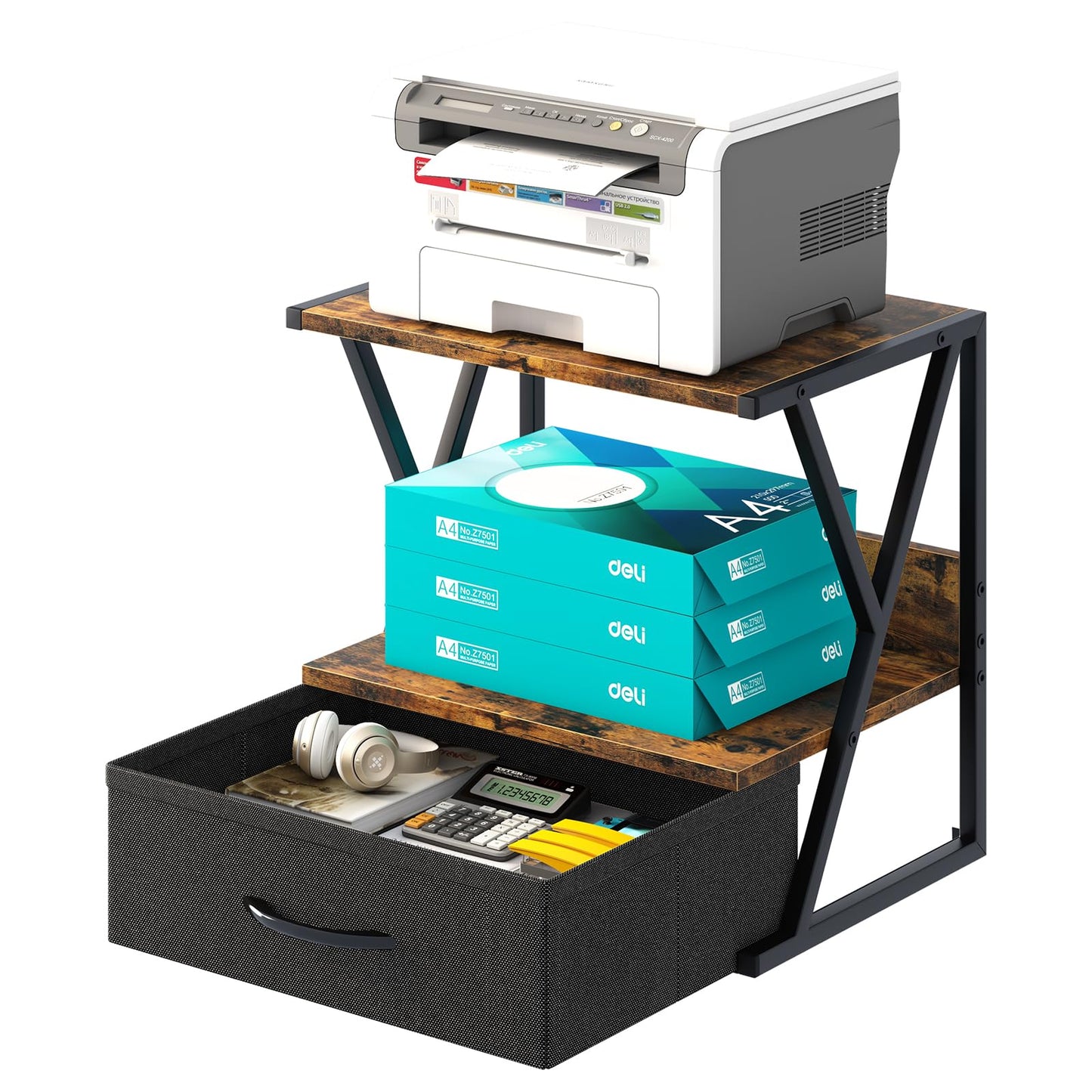 aboxoo Printer Stand for Desk with Storage Drawer, 2 Tier Desktop Or Under Desk Shelf, Multi-Purpose Desks Organizer for Home Office, fit Fax Machine/3D Printer/Scanner, Rustic Brown