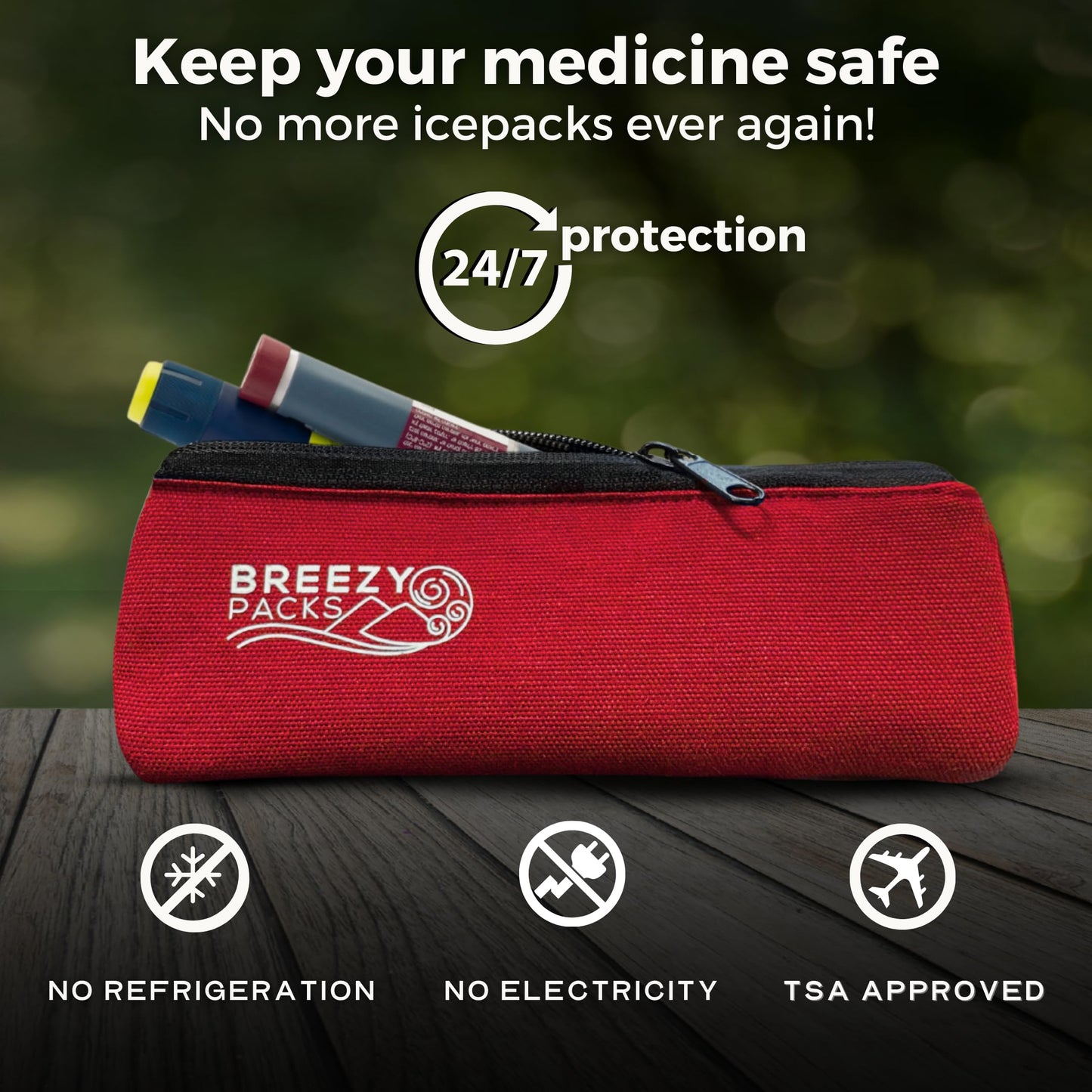 Breezy Basic (Small) | BreezyPacks Medicine Cooling case | Keeps Medicine at Room Temperature | Recharges by Itself - No wetting, Freezing or Electricity | EpiPen and Insulin Travel Bag (Red)