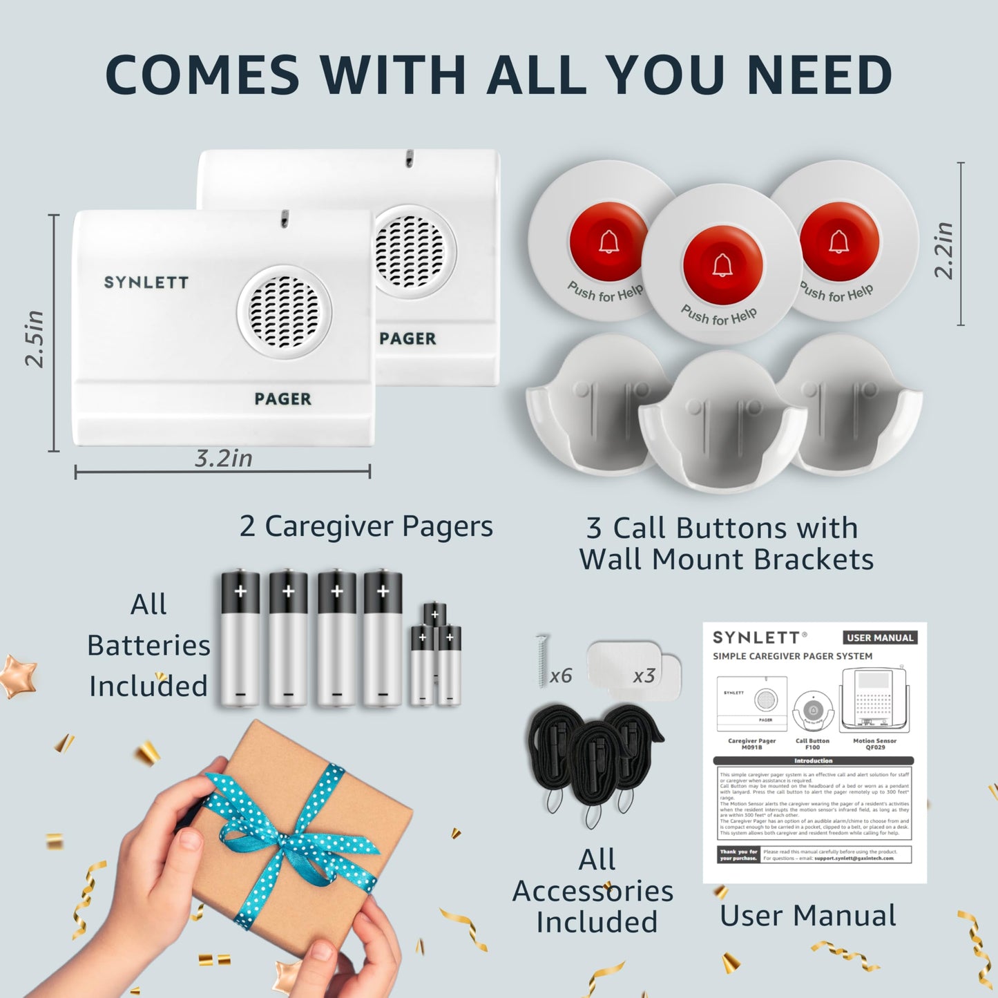 SYNLETT Caregiver Pager Wireless Nurse Call Buttons for Elderly Monitoring SOS Alert System Portable Alarm Call Bell for Nursing Home Care Seniors Patients Emergency 3 Call Buttons & 2 Pagers