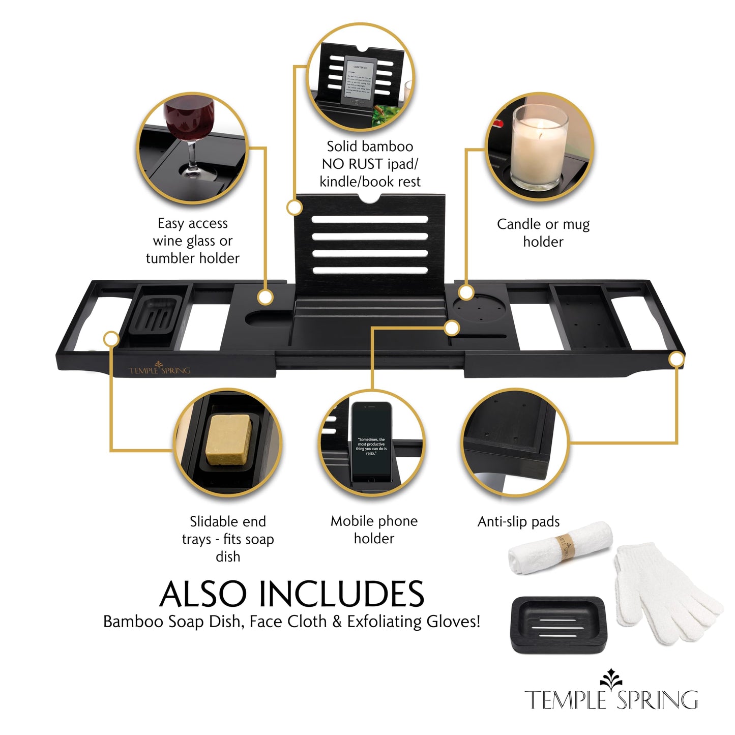 Temple Spring Wooden Bathtub Tray, Bamboo Bathroom Accessories, Bath Tray for Tub, at Home Spa Essentials, Board for Tub Table, Bath Caddy for Bathtub Accessories & Bathroom Essentials – Black