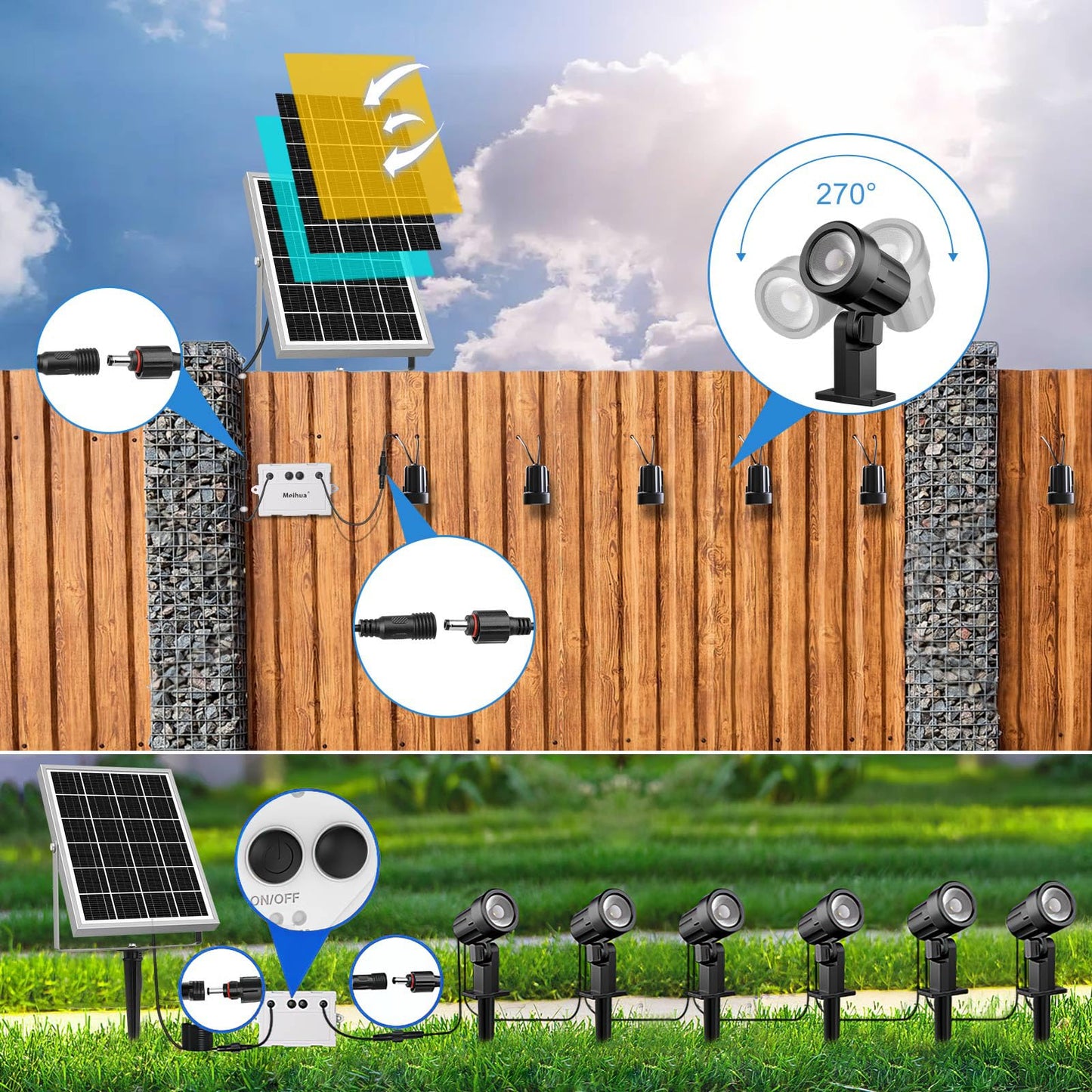 MEIHUA Solar Spot Lights Outdoor, 6 in 1 Solar Landscape Spotlights 2700K Warm White, 3 Lighting Modes & 3 Brightness, IP66 Waterproof Solar Lights Outdoor Garden for Pathway Driveway Yard Tree