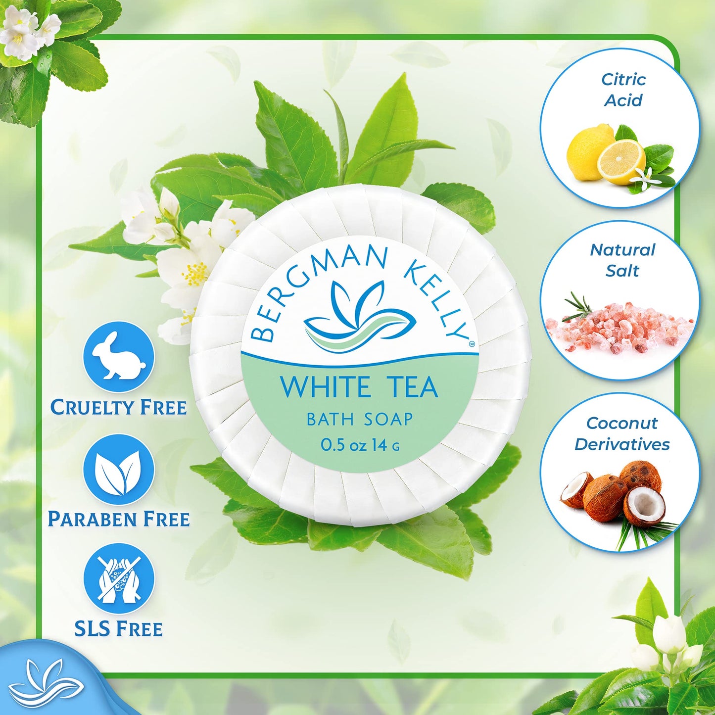 Bergman Kelly - Hotel Soap Bars - White Tea, 14 g, 100 PK - Travel Size Luxury Bulk Amenities Bar Soap - Mini Individually Wrapped Round Soap - Small Toiletries for Airbnb, Motel, Guest Bathroom