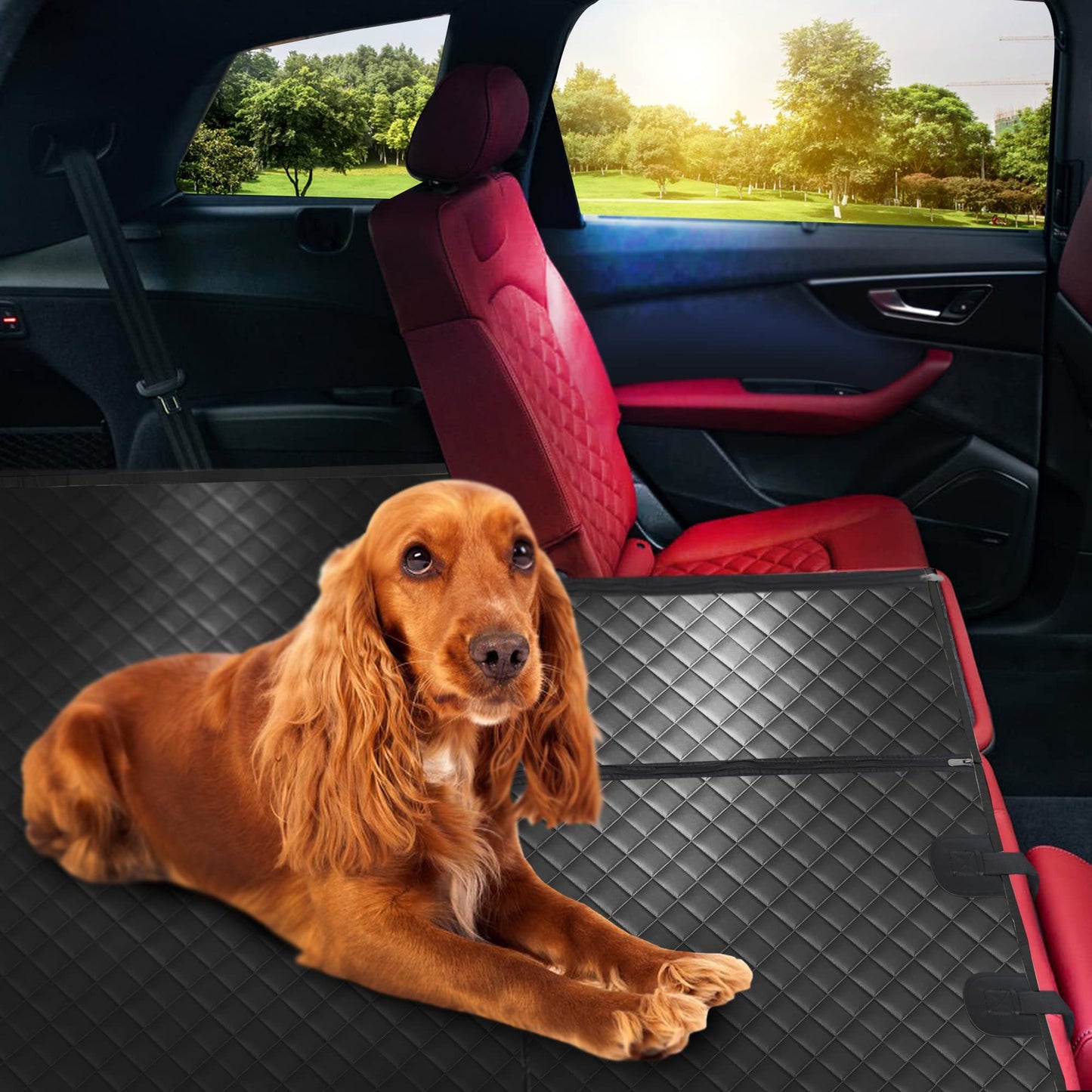 Happept Cargo Liner for Dogs Fold Down Seat, Heavy Duty Dog Mat for Car with Bumper Flap Protector, Dog Seat Cover for SUV Trunk for Sedans Vans, Universal Fit (All Black)