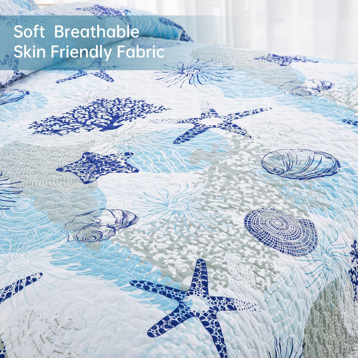 Dinjoy Coastal Quilt Set Queen Size, Blue Ocean Beach Themed Bedding Set Coral Seashell Conch Starfish Pattern Microfiber Lightweight Summer Bedspread Coverlet Bed Set All Season (96x90 Inch)