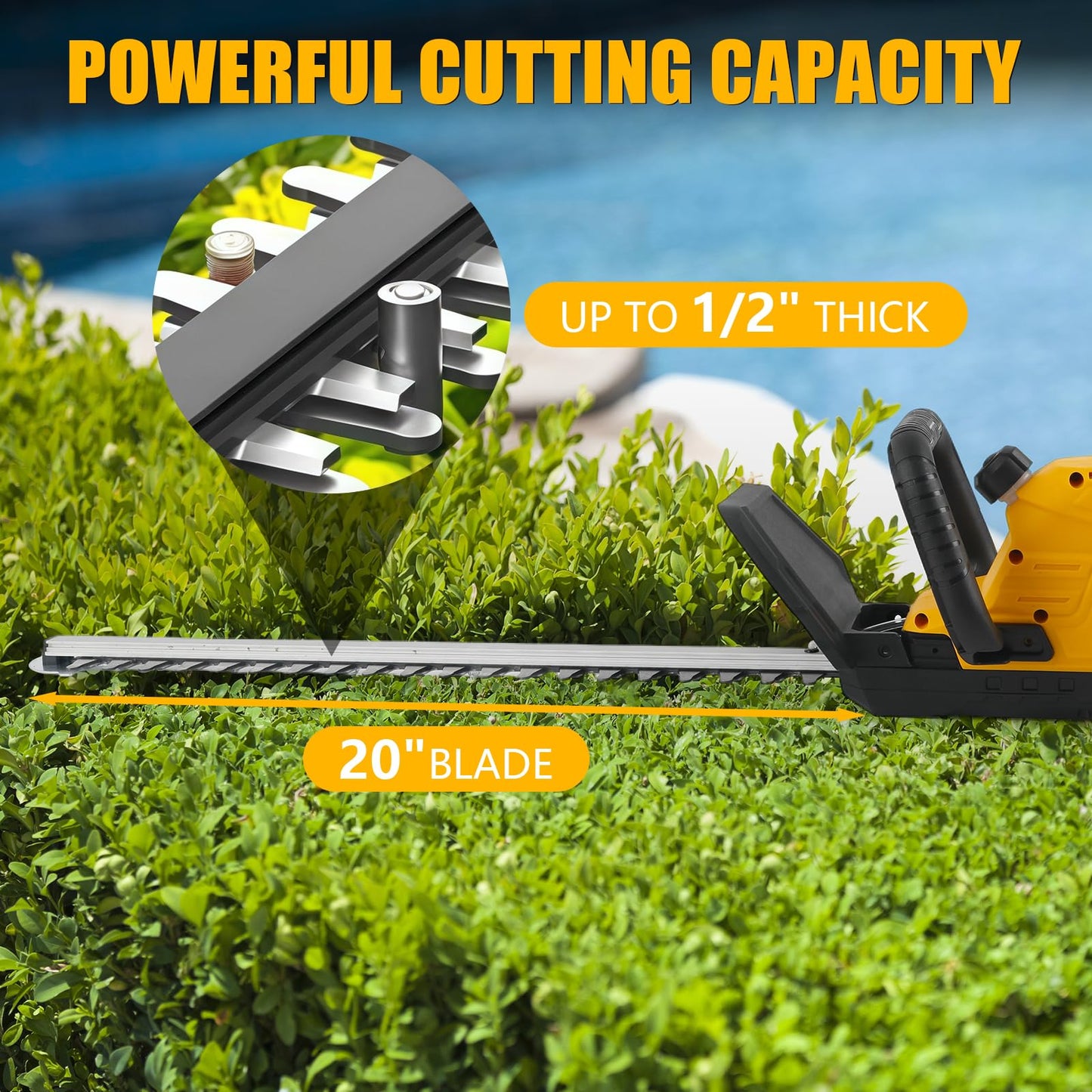 Cordless Hedge Trimmer Compatible with DeWalt 20V, 22" Dual-Action Blade, 1800RPM Brushless Motor, 3/5" Cutting Capacity, Bare Tool Only (No Battery/Charger)