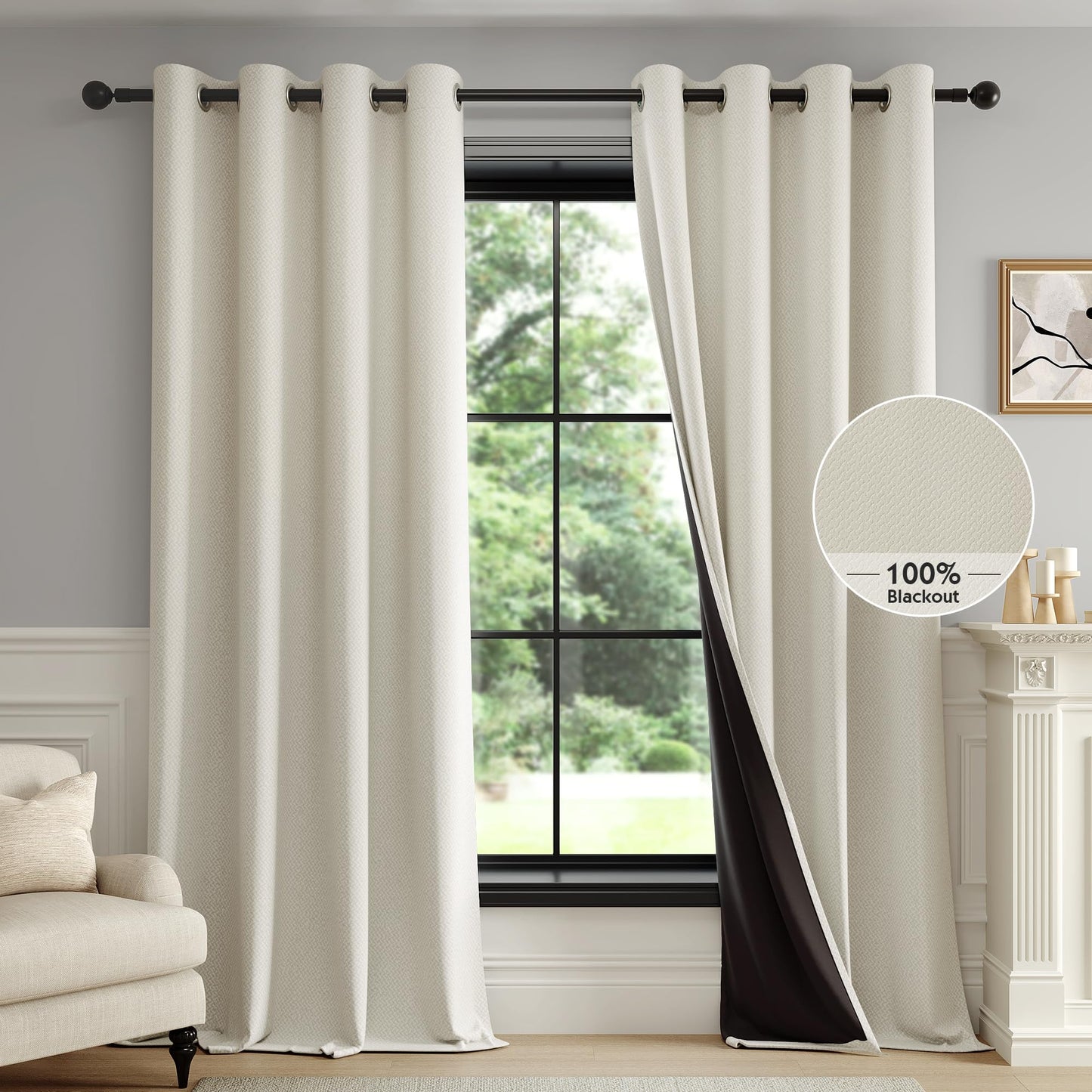 FMFUNCTEX 100% Beige Blackout Curtains for Bedroom, Cream Weave Textured Curtains 84 Inches Long for Living Room Darkening Thermal Insulated Curtains, Farmhouse Drapes Grommet 2 Panels