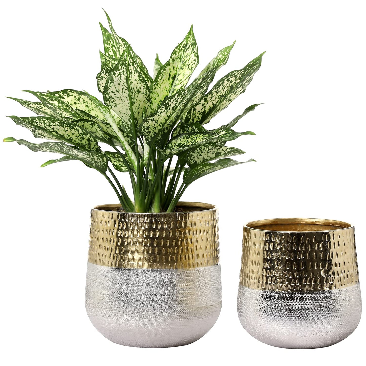 MyGift Round Two-Toned Indoor Planter Pot, Hammered Brass and Milled Embossed Silver Tone Metal Planter Vase, Set of 2 - Handcrafted in India