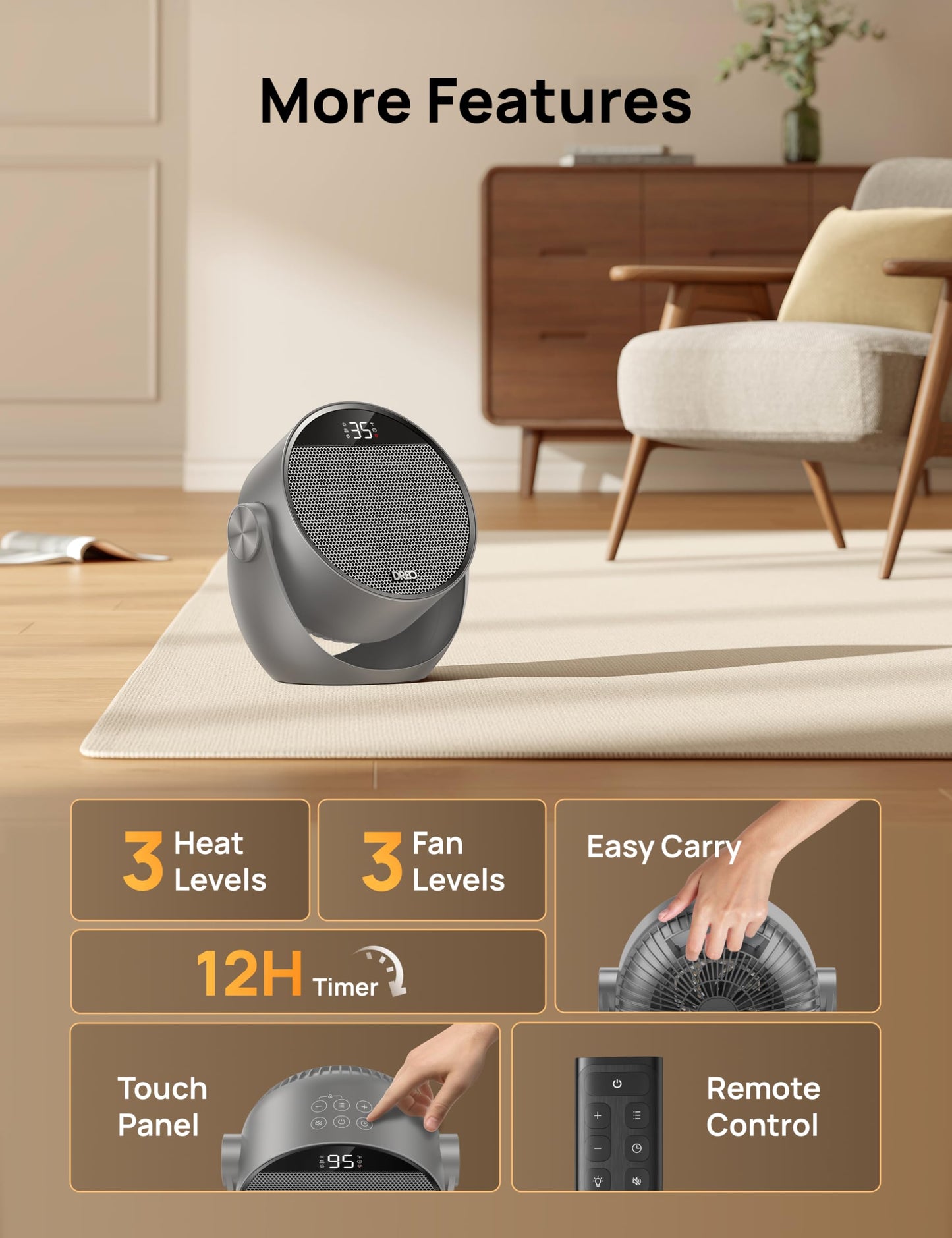DREO Space Heater 1500W, 60° Adjustable Tilt, 10.5ft/s Portable Electric Heaters for Indoor Use with Thermostat, 8 Safety Protections, 3 Modes, Remote, Quiet Desk Heater for Bedroom, Office, Gray