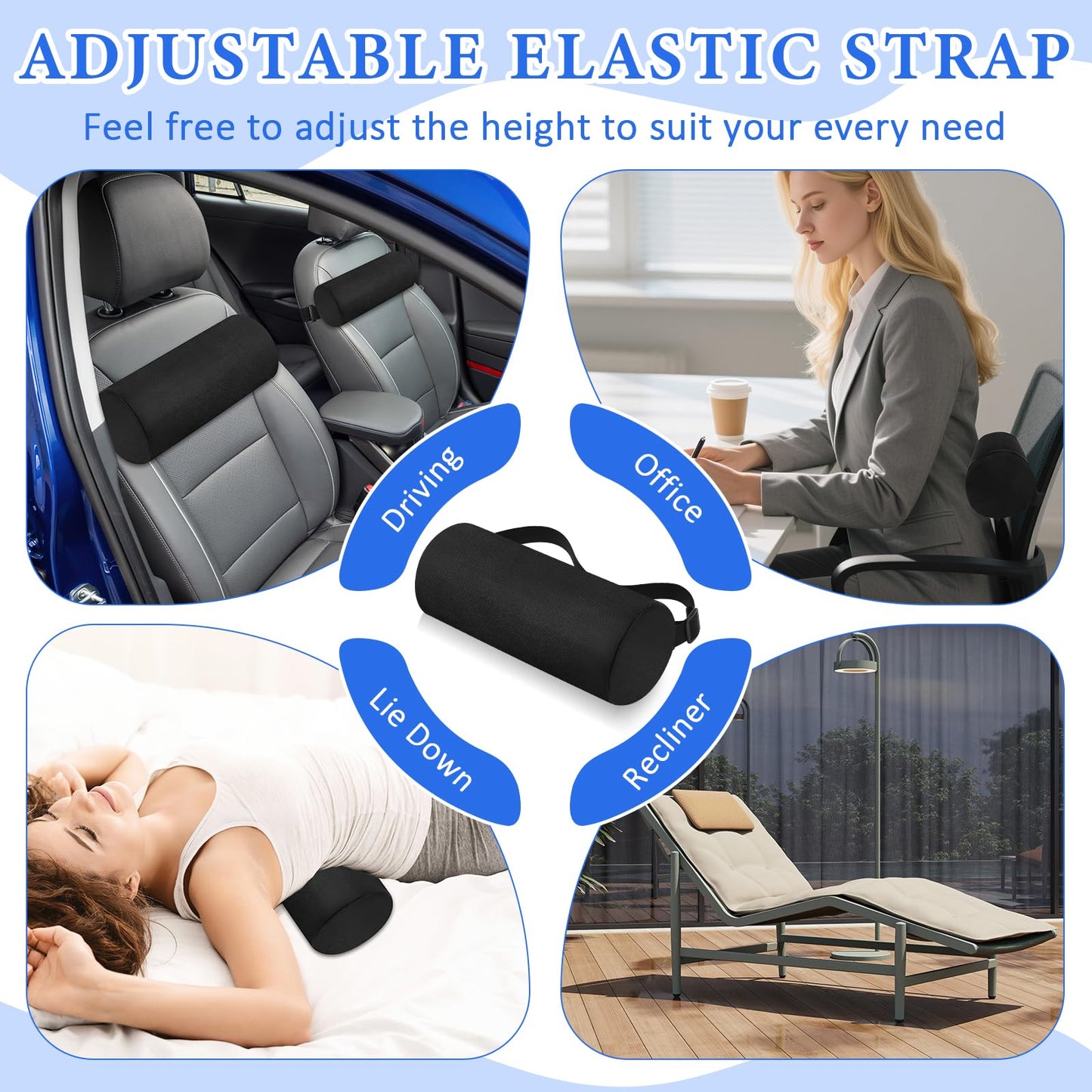 2 Pack Lumbar Roll Support Pillows, 11 Inch Neck Roll Pillow for Office Chair Car, Memory Foam Back Cushion with Adjustable Strap and Washable Cover