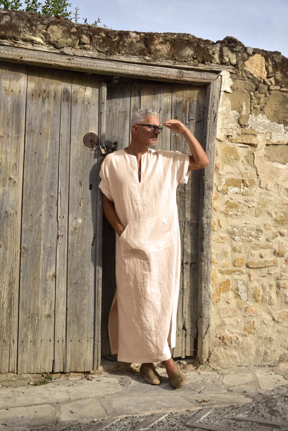 COOFANDY Men's V-Neck Linen Robe Short Sleeve Kaftan Thobe Long Gown Casual Shirt for Beach, Summer, Light Khaki, 3X-Large