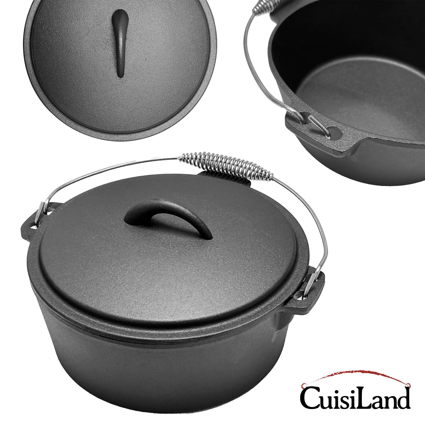 Cuisiland 4.5QT Cast Iron Dutch Oven with Dome Lid & Bail Handle – Pre-Seasoned Campfire Pot for Outdoor Cooking, Baking, Braising & Stews – Heavy-Duty, Even-Heat Casserole Pot for Camping & Home Use