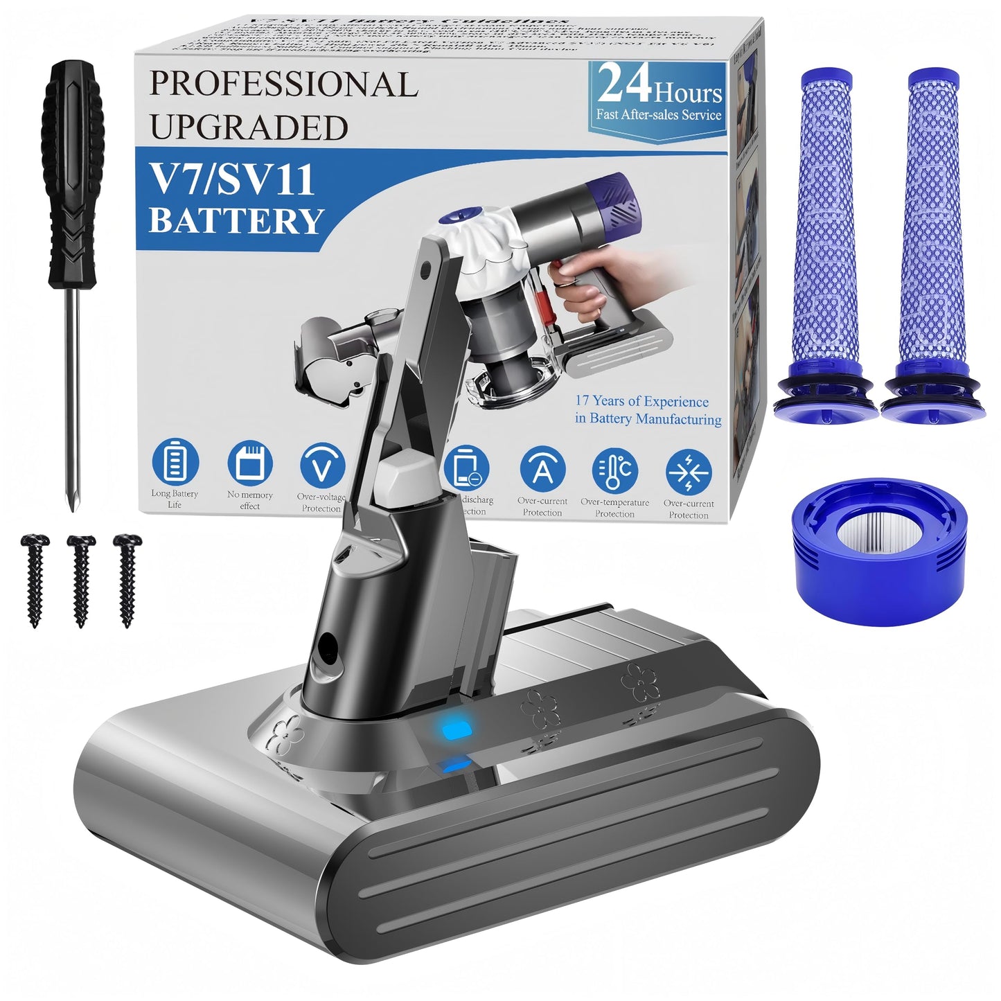 BOTKK Professional 21.6V Replacement for Dyson V7 Battery Replacement SV11, Compatible with Dyson V7 Motorhead Animal Absolute Trigger Fluffy HEPA Car+Boat Mattress Vacuum 225403 229687