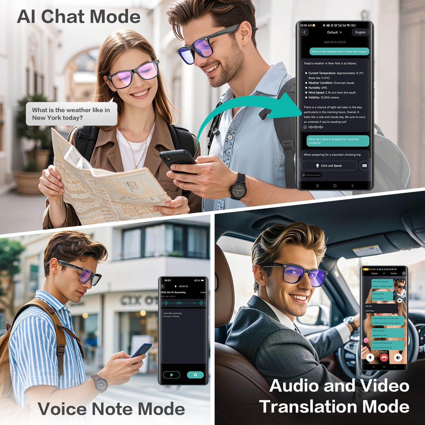 2025 AI Translation Smart Glasses for Men Women,7 Day Ultra-Long Standby,Anti-Blue Light/UV400,Bluetooth Glasses with 164 Translation,IP65 Waterproof,Multifunctional Sunglasses for Android iOS Black