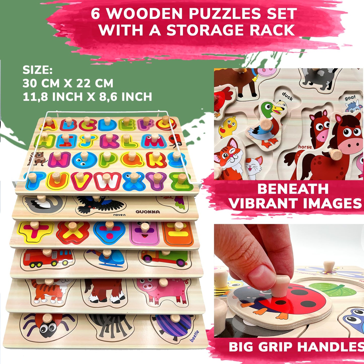 QUOKKA Wooden Puzzles for Toddlers 1-3 - 6 Alphabet Toddler Puzzles 3-5 Years Old - Gift ABC Learning Toys for Boys and Girls - Wood Pegged Games Kids 2-3