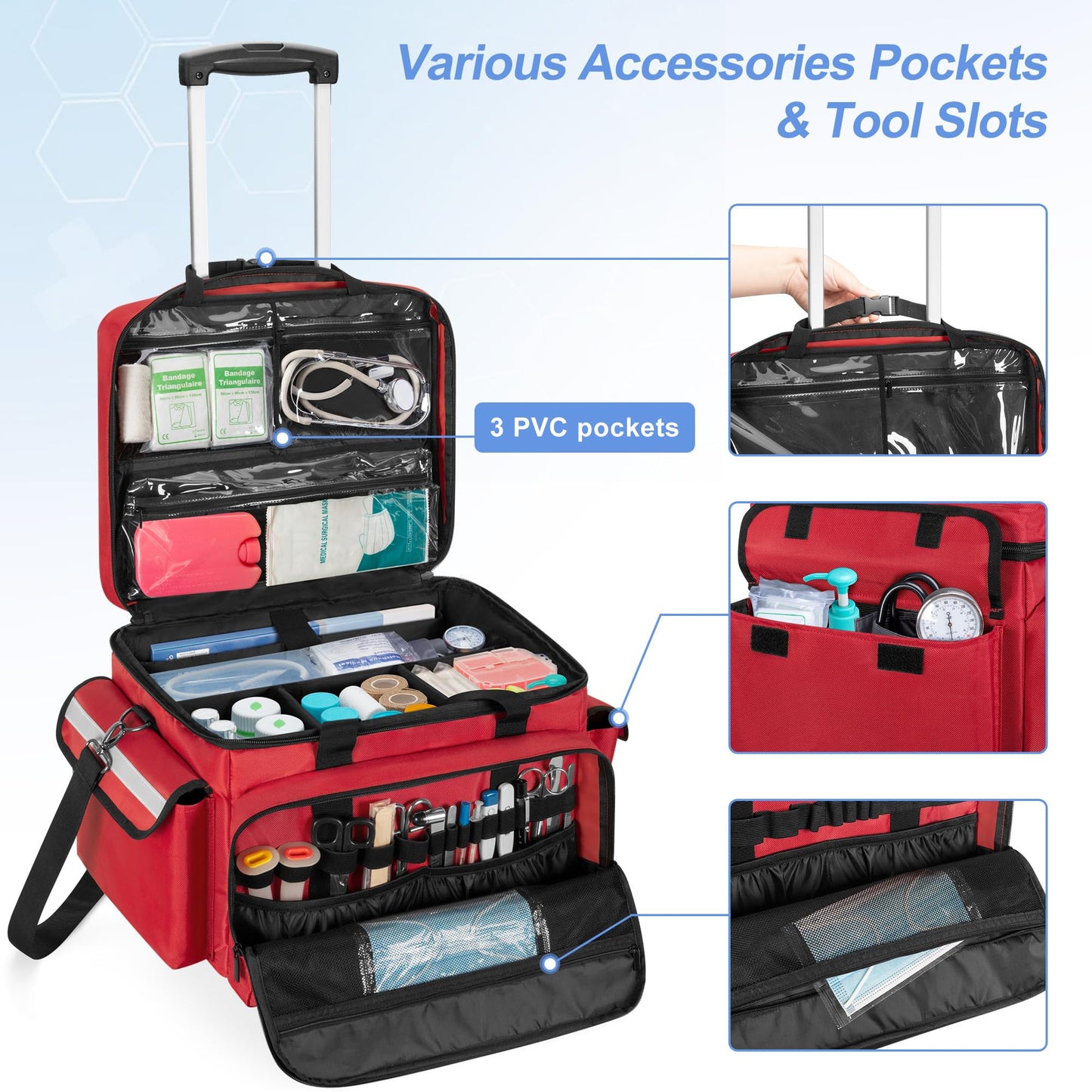 Trunab Medical Bag on Wheels with Detachable Trolley, Rolling Nurse Tote with Removable Dividers, First Responder Bag Empty with Adjustable Shoulder Strap for Nurse, Doctor, Bag ONLY