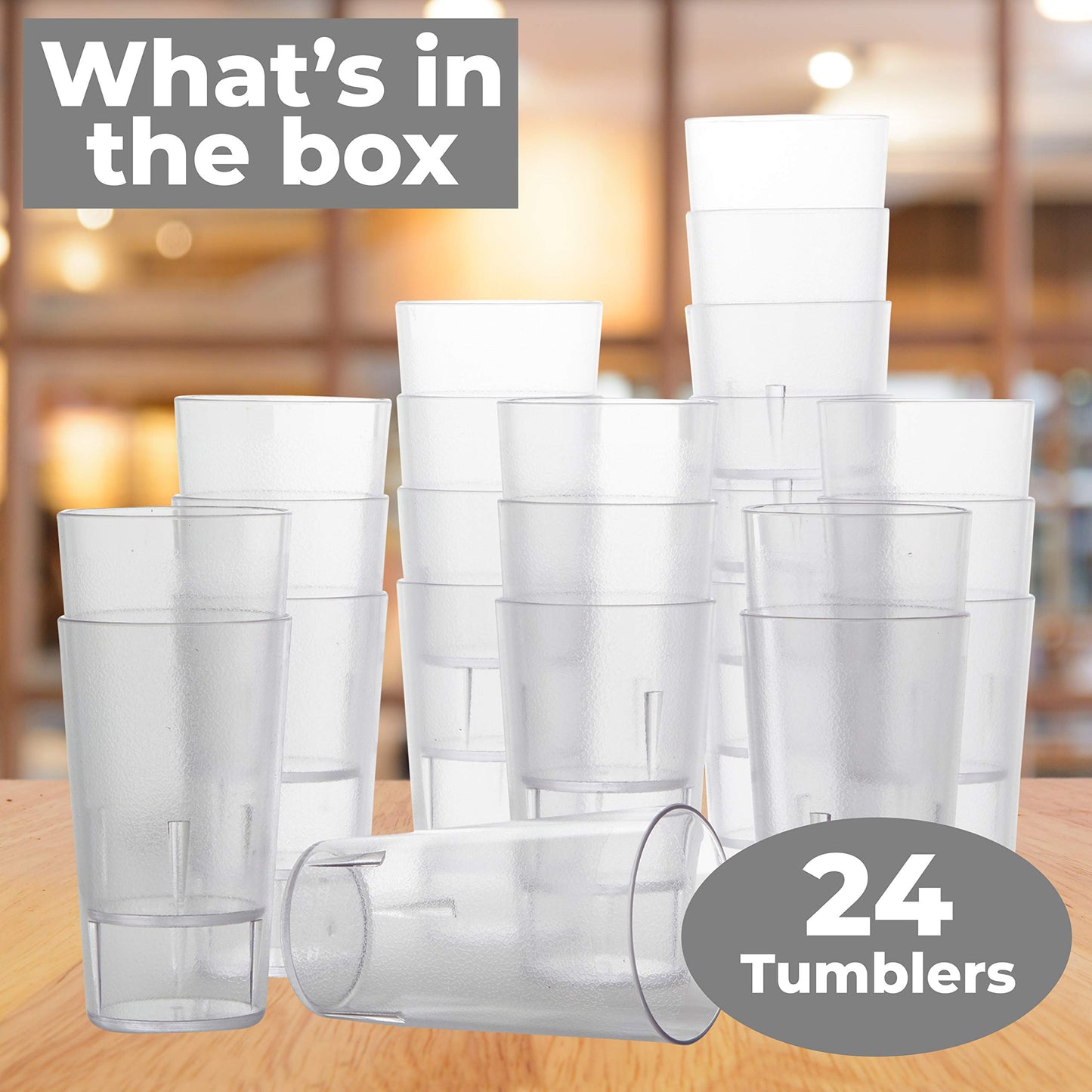 Restaurant Grade, BPA-Free 12oz Clear Plastic Cups 24pk. Super Durable, Break Resistant Drinking Glasses for Cafe, Party, Catering. Reusable, Stackable Tumblers with Textured Grip Design