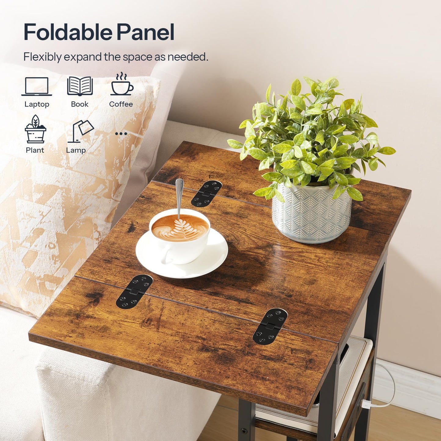 HOOBRO Foldable End Table, C Shaped Side Table with Charging Station, Sofa Couch Table that Slide Under for Living Room Bedroom Small Spaces, Easy Assembly, Rustic Brown and Black BF29USF01