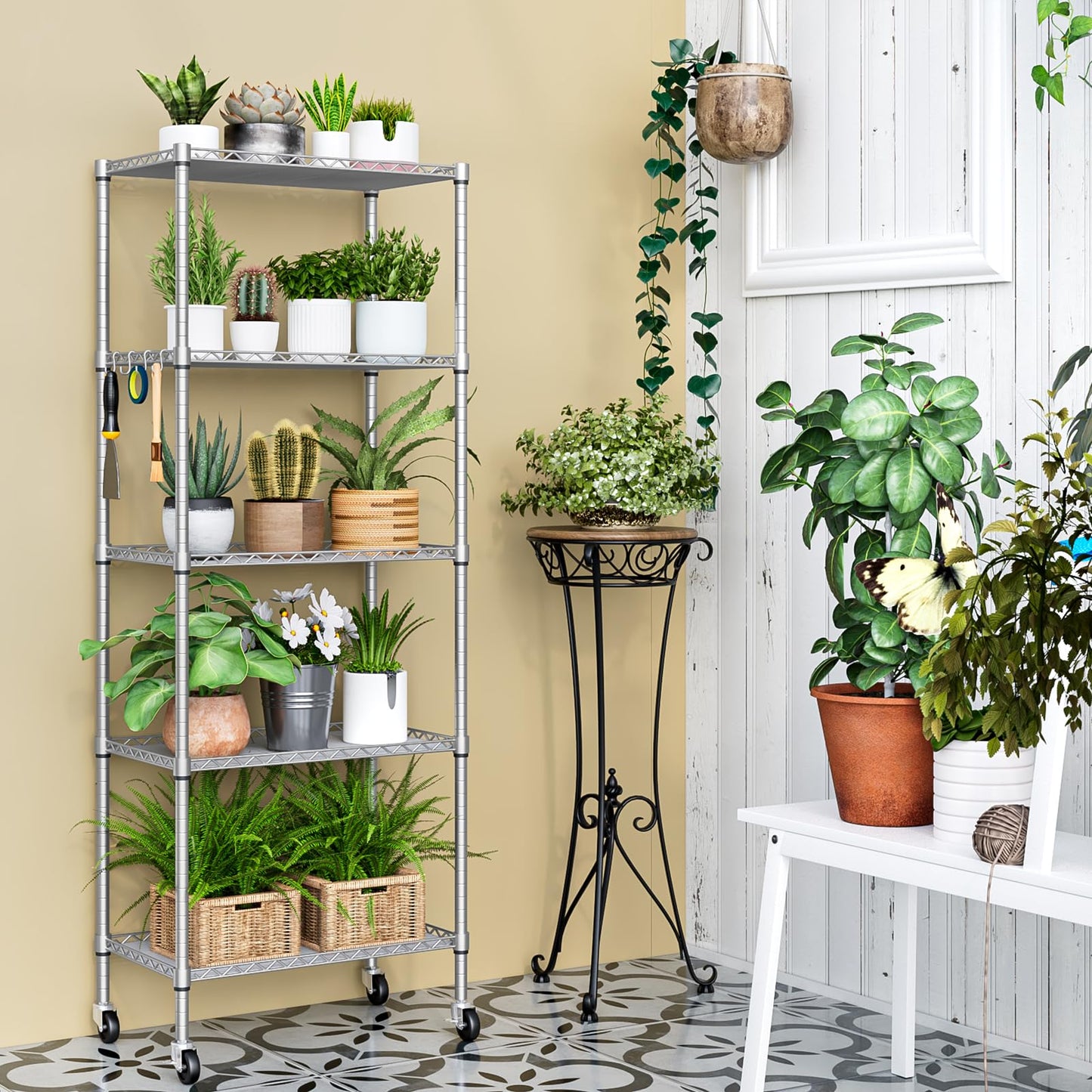 5 Tier Shelving Unit Adjustable Storage Shelf Metal Storage Rack Wire Storage Shelves with Heavy-Duty Rubber Metal Wheels for Laundry Bathroom Kitchen Pantry Closet (Silvery, 5 Tier)