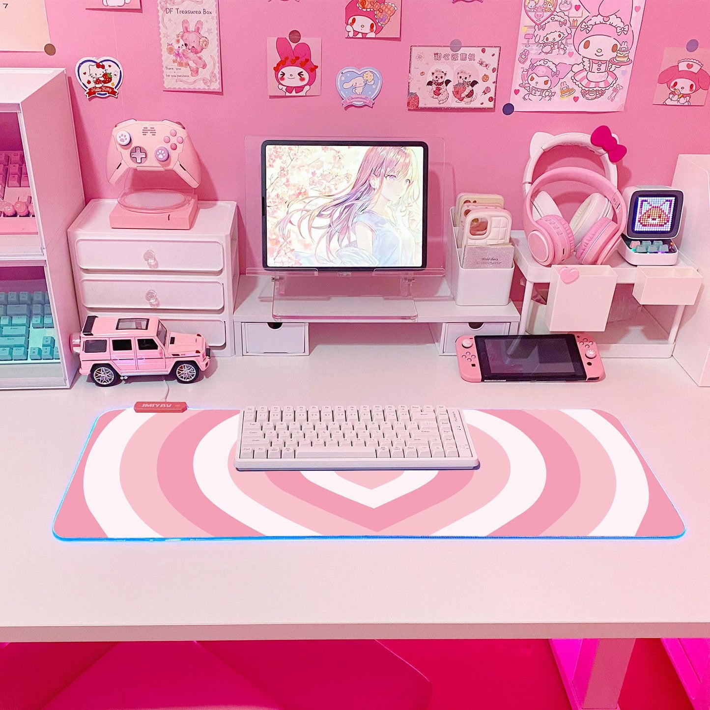 JMIYAV Pink RGB Gaming Mouse Pad 31.5x12 Inch PC XL Large Extended Glowing Led Light Up Desk Pad Non-Slip Rubber Jmiyav Base Computer Mouse Pad Cute Mousepad Mat 31.5x12 Inch Love