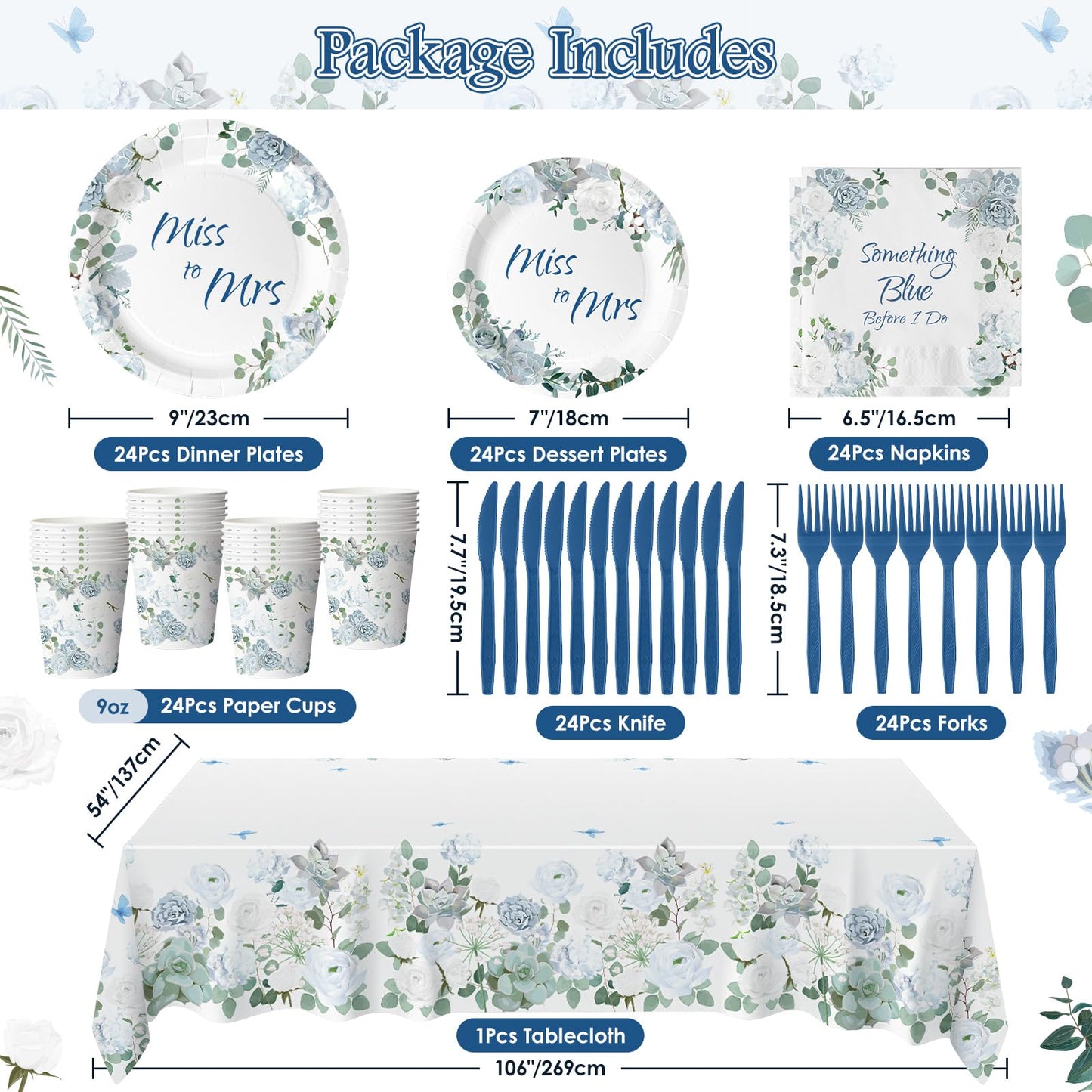 145 Pcs Something Blue Before I Do Bridal Shower Decorations Dusty Blue Floral Disposable Paper Plates and Napkins Tableware Set for 24 Guests, Miss to Mrs Decorations for Wedding Engagement Party