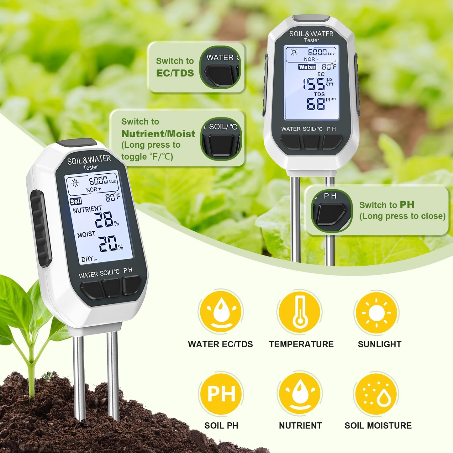 7-in-1 Soil&Water Meter Digital Plant Temperature/Soil Moisture/PH Meter/Sunlight Intensity/Fertility/EC/TDS Backlight LCD Display Soil Test Meter TDS EC Meter for Garden Indoor Outdoor