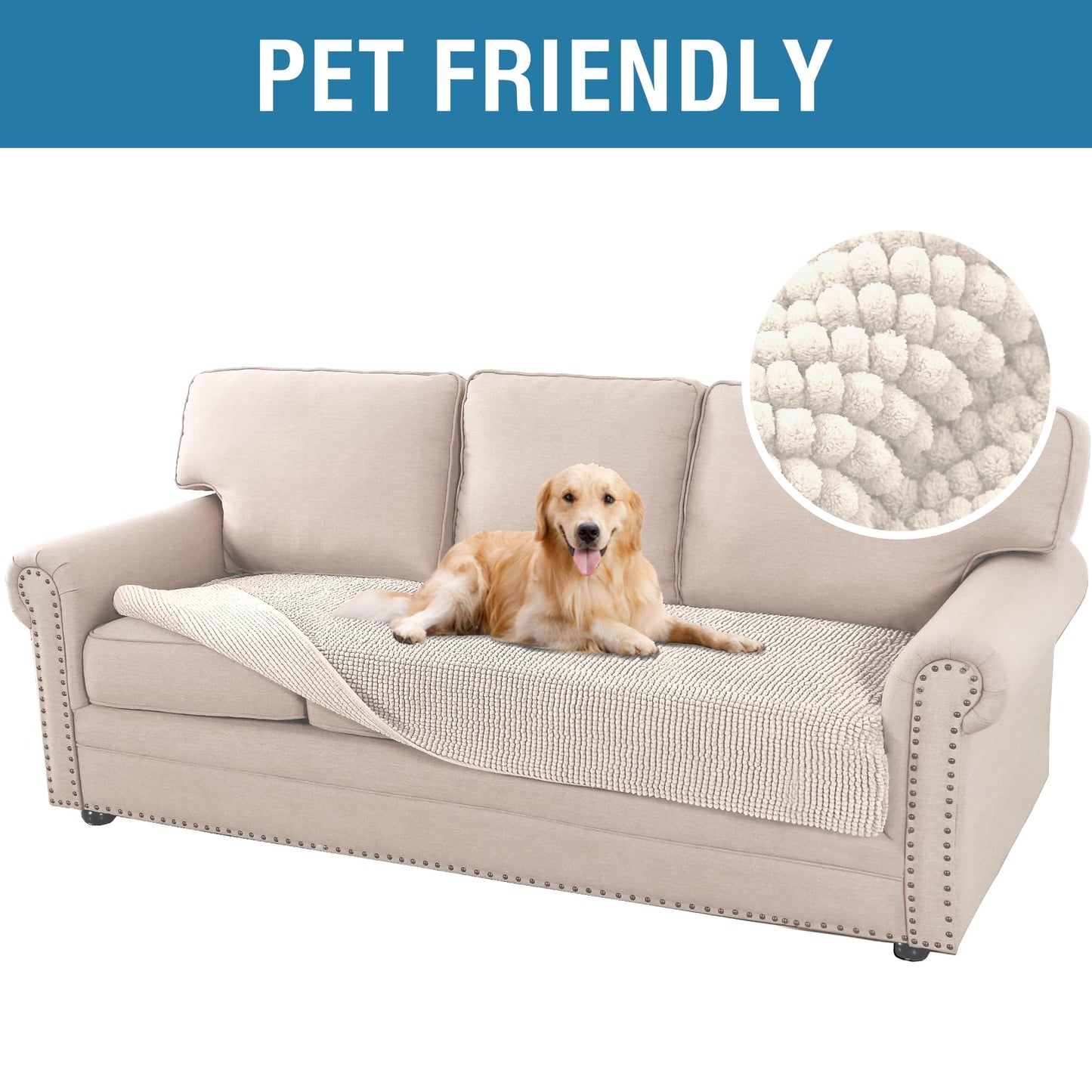 H.VERSAILTEX Plush Sofa Cover 3 Seater Chenille Dog Bed Cover Anti Slip Couch Covers Sofa 3 Seat Furniture Protector for Dog, Pet, Cat (35" x 82", Ivory)