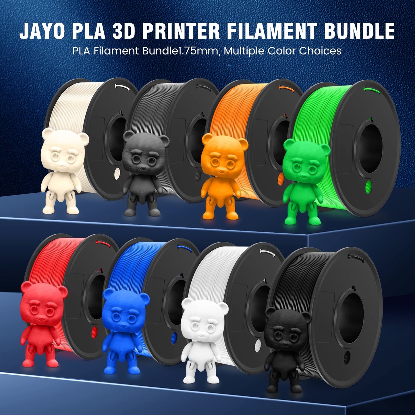 3D Printer Filament Bundle Multicolor, JAYO PLA Filament 1.75mm, Neatly Wound Filament 2kg, 250g Spool, 8 Pack, Black+White+Grey+Transparent+Blue+Red+Orange+Green