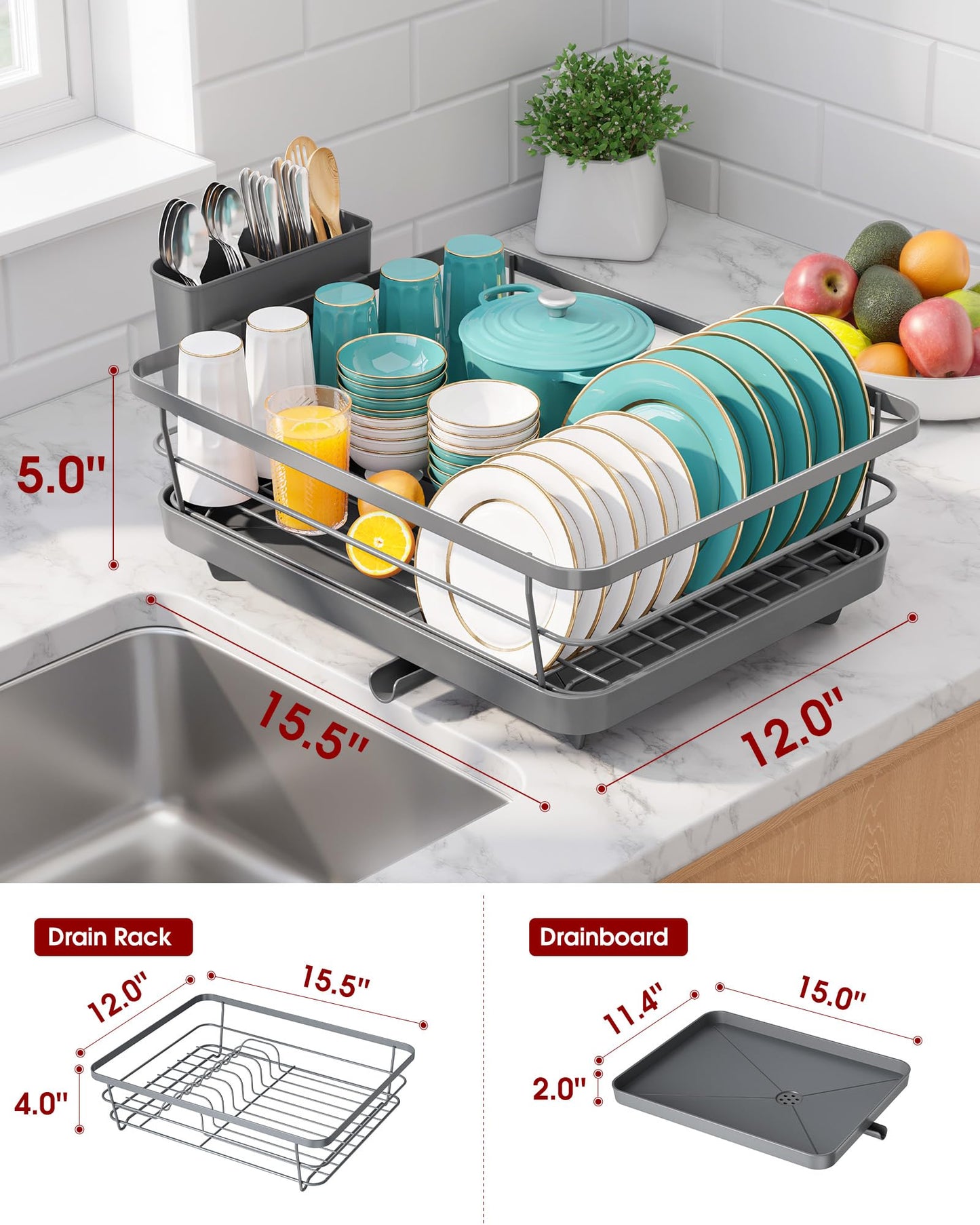 Sakugi Dish Drying Rack - Compact Dish Racks with Drain Board for Kitchen Counter, Durable Stainless Steel Dish Rack Used in Sink & on Countertop, Gray, Large