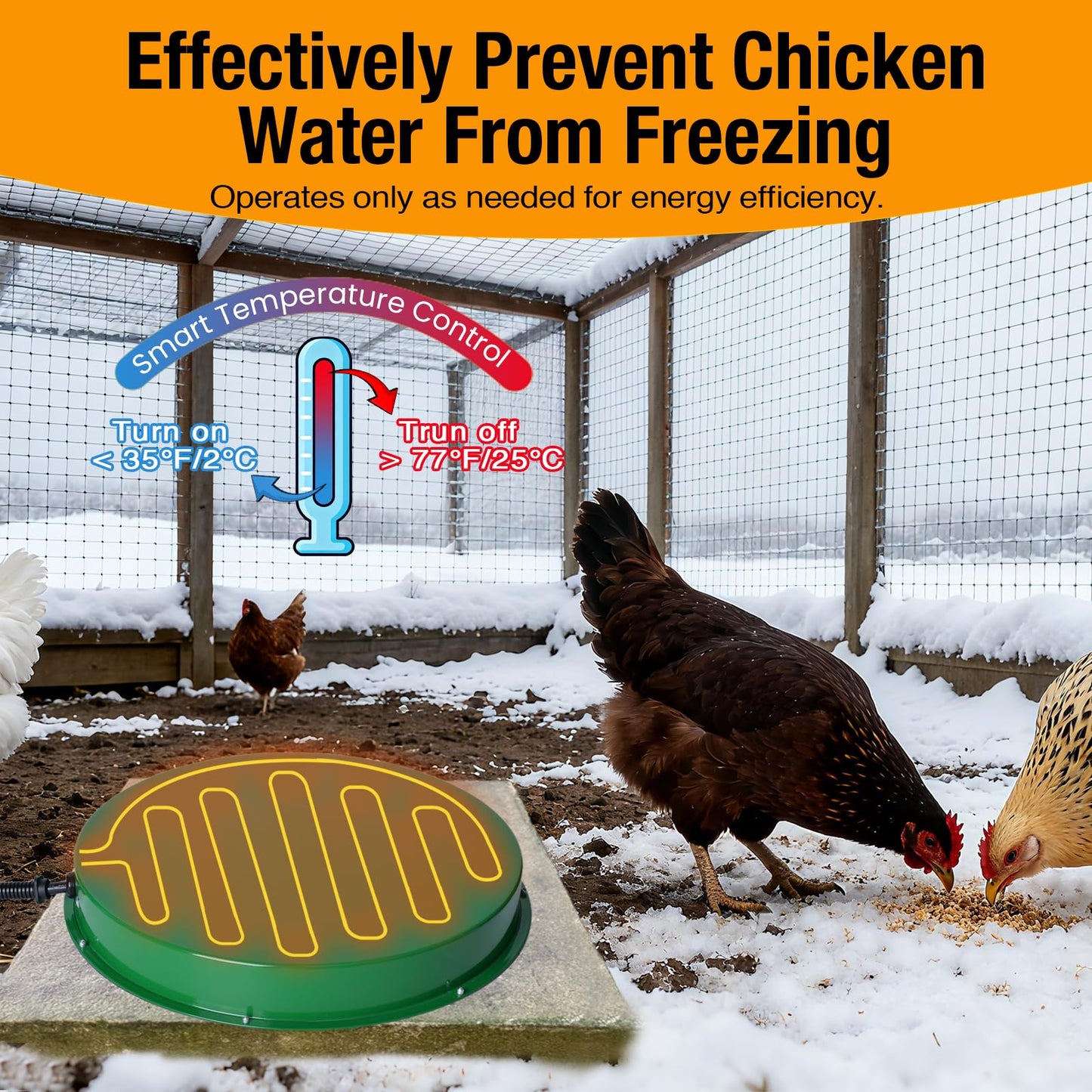 Chicken Water Heater for Winter, 125W Poultry Waterer Heated Base 31.4cm / 12.4in, Freeze-Proof Thermostat Deicer for Metal or Plastic Chicken Drinkers 1–5 Gallon (Green, 1PACK)