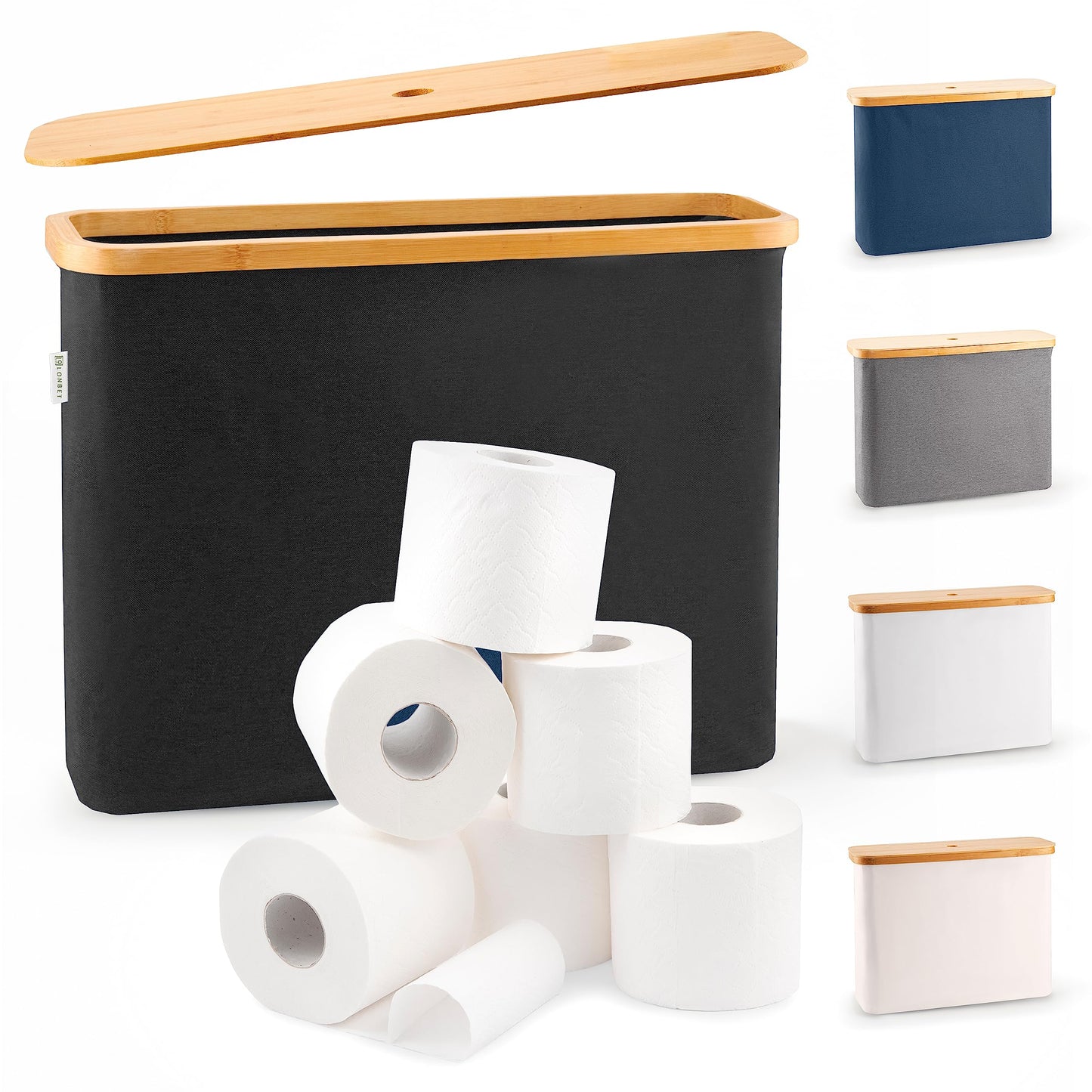 LONBET Toilet Paper Storage for 12 Rolls, Stackable & Foldable - The Ultimate Bathroom Organizer - Waterproof & Antibacterial Toilet Paper Roll Holder with Bamboo Lid - Toilet Paper Basket Black